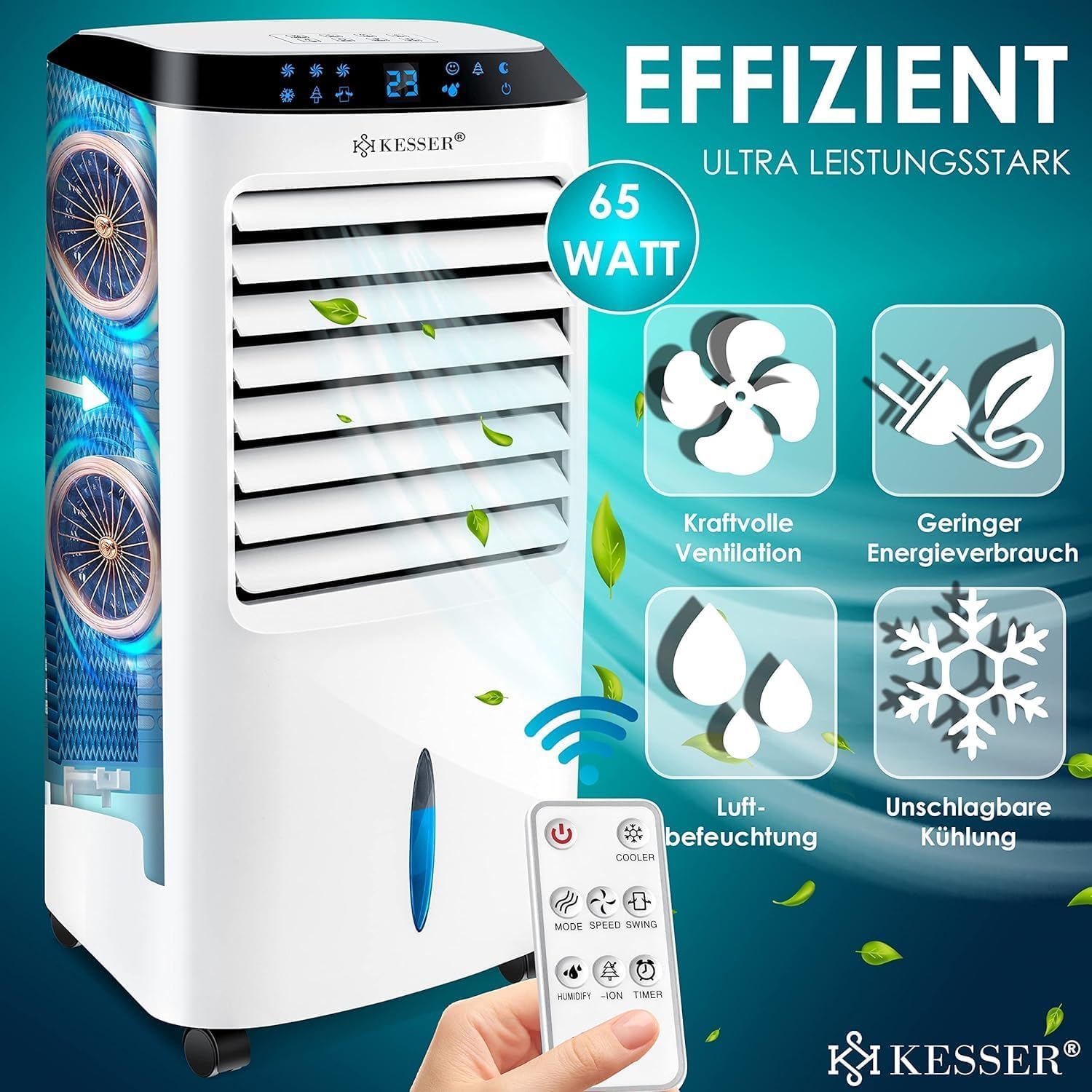 KESSER® Mobile Klimaanlage 4in1 Luftkühler – Air Cooler mit Fernbedienung & Timer, 10L Wassertank, Ionisator & Luftbefeuchter, Ventilator Klimagerät ohne Abluftschlauch, 3 Stufen inkl. Kühlakkus – Bild 2