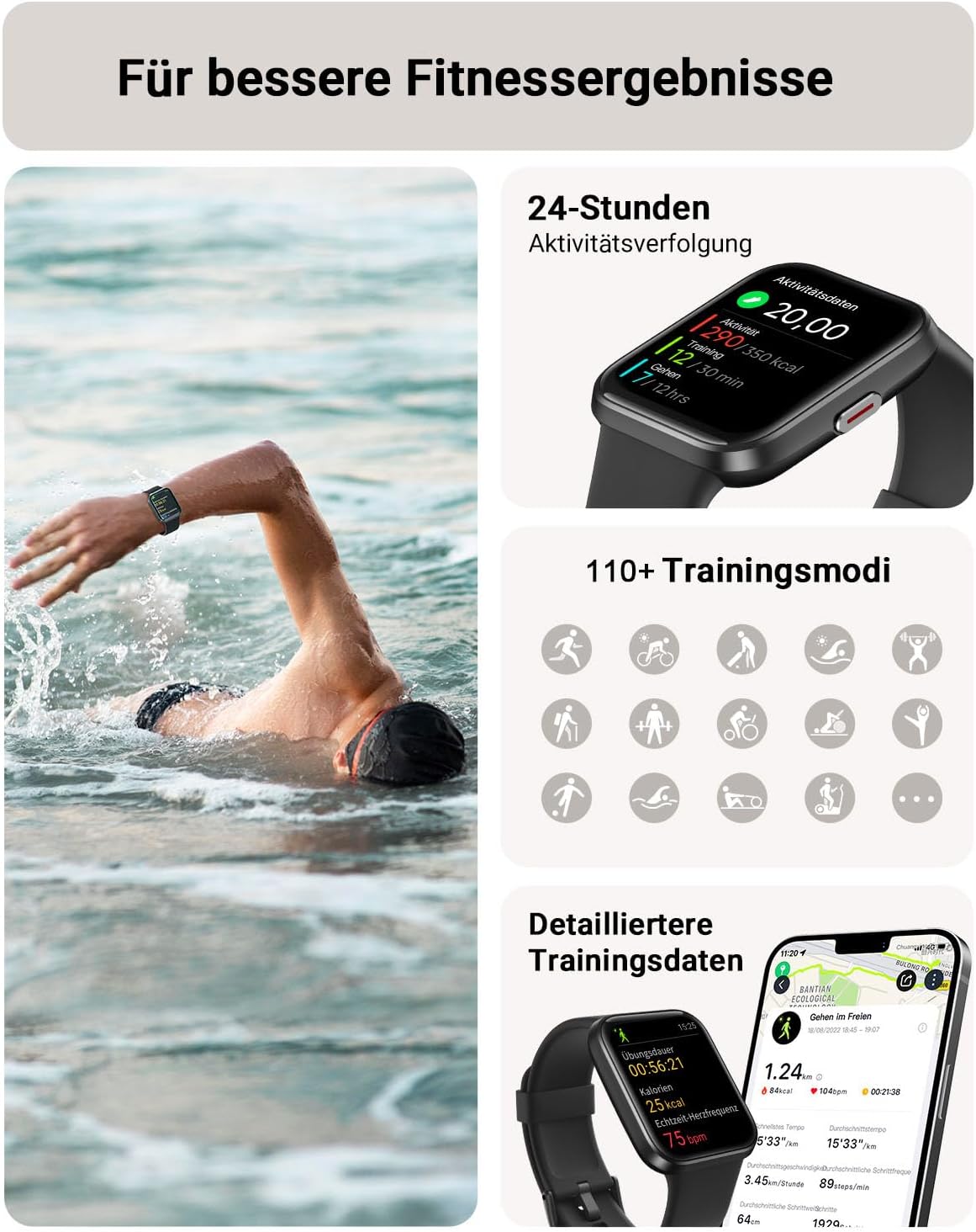 Tensky Smartwatch Herren mit Telefonfunktion 1,85 Zoll Damen Smartwatch Alexa integriert 3ATM, 110+ Sportmodi, Schrittzähler Herzfrequenz Schlaf SpO2 Fitnessuhr 350 mAh für Android iOS – Bild 5