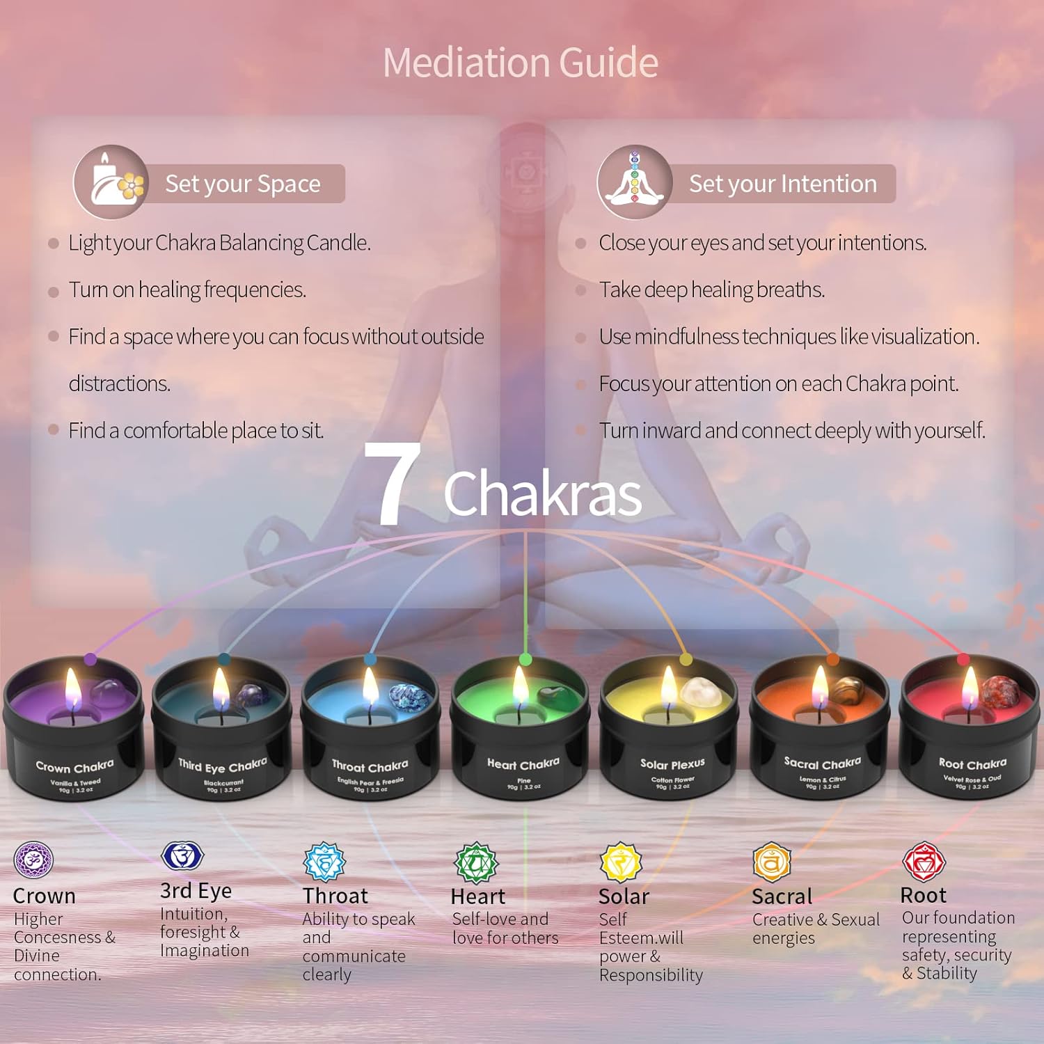 Inspireyes Chakra-Kerze mit Premium-Kristall und Heilsteinen, Meditations-Duftkerzen, Geschenkset für Frauen, Stressabbau, spirituelle Dekoration, Yoga, Aromatherapie, 7er-Set, Schwarz – Bild 2