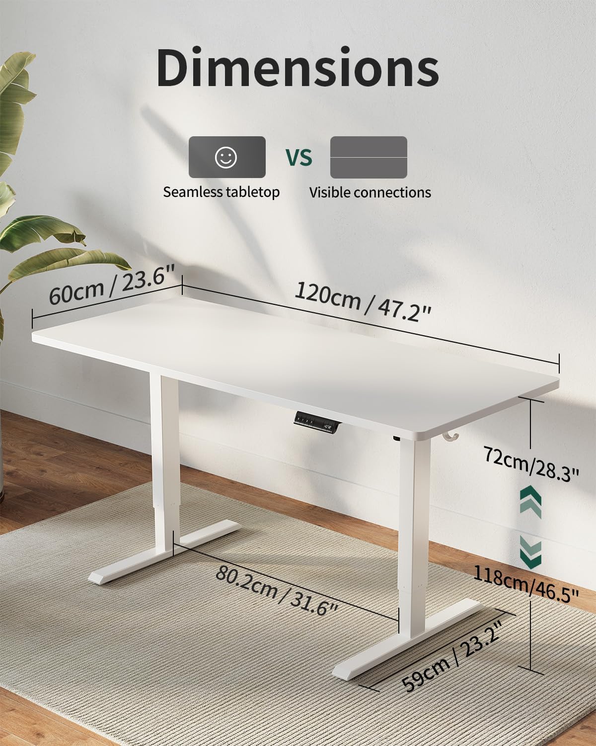 FEZIBO Höhenverstellbarer Schreibtisch, einteilige Tischplatte, 120 x 60 cm, höhenverstellbar mit USB-A- und USB-C-Ladeanschlüssen, Stehsitztisch für Home Office, Stehschreibtisch, Weiß – Bild 3