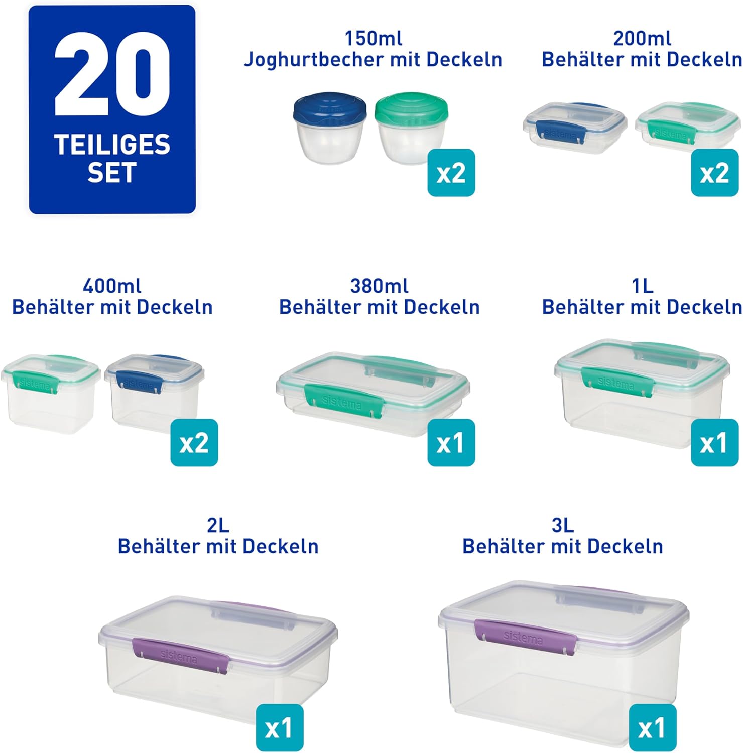 Sistema Frischhaltedosen | Behälter für die Zubereitung von Mahlzeiten mit Deckel, Lunchboxen, Snackbehälter und mehr | Stapelbar und luftdicht | BPA-frei | 20 Stück – Bild 3