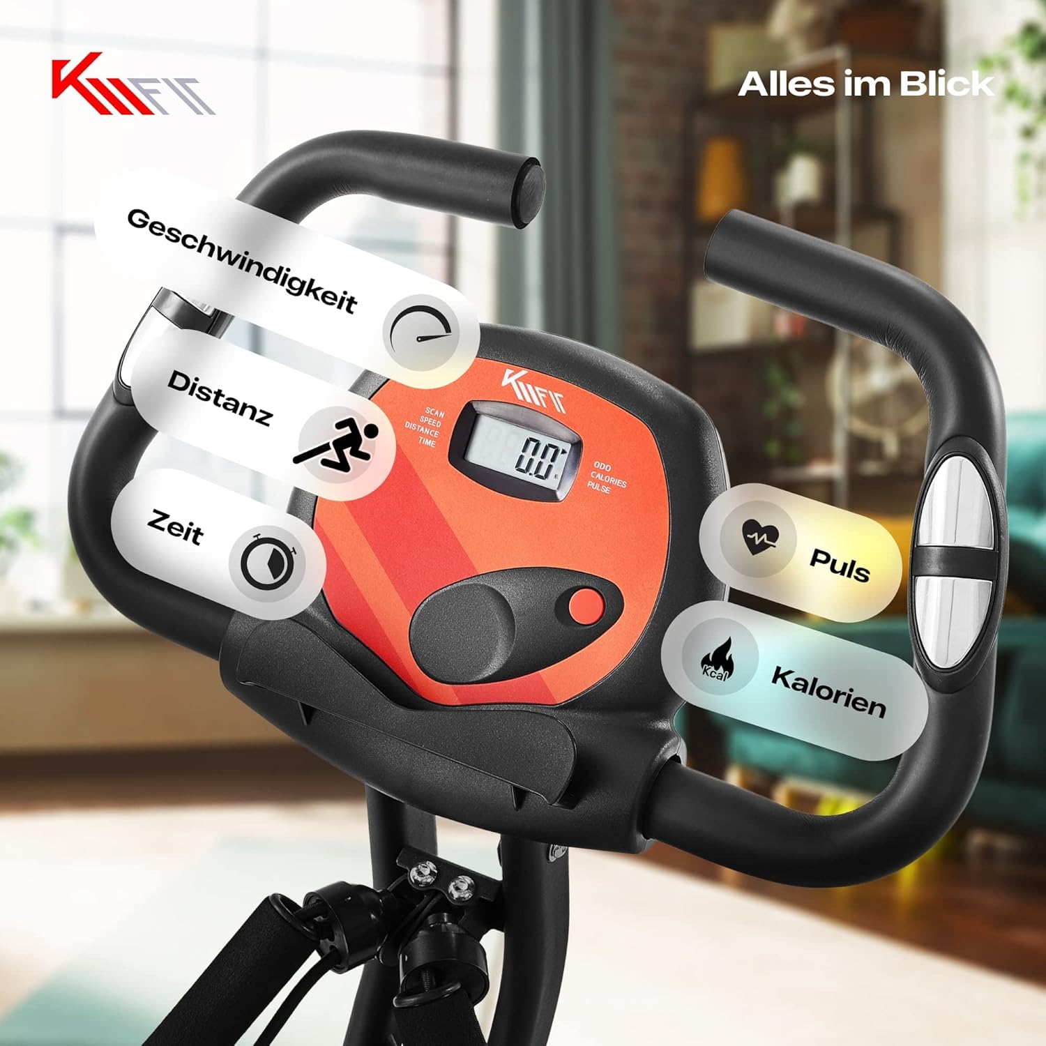 KM Fit 2-in-1-Heimtrainer mit LCD-Display | Klappbares Fitnessfahrrad | Heimtrainer 16 Widerstandsstufen | Handpulssensoren | Inklusive Bodenschutzmatte und Handyhalter – Bild 4