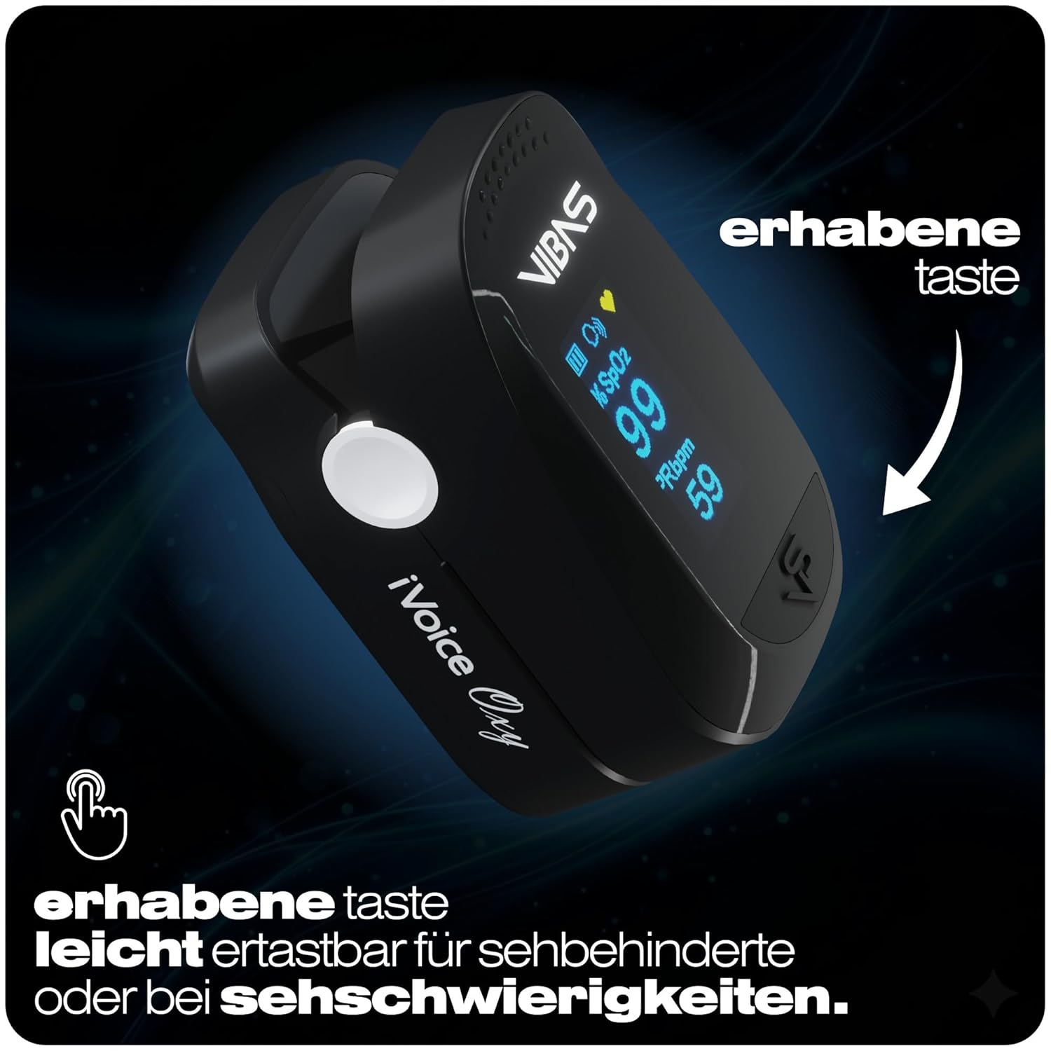 iVoice Oxy Sprechendes Pulsoximeter mit Sprachfunktion, Misst SpO₂ & Herzfrequenz, Mehrsprachig, Automatische Wiederholung, Lautstärke Einstellbar, Inkl. Batterien – Bild 4