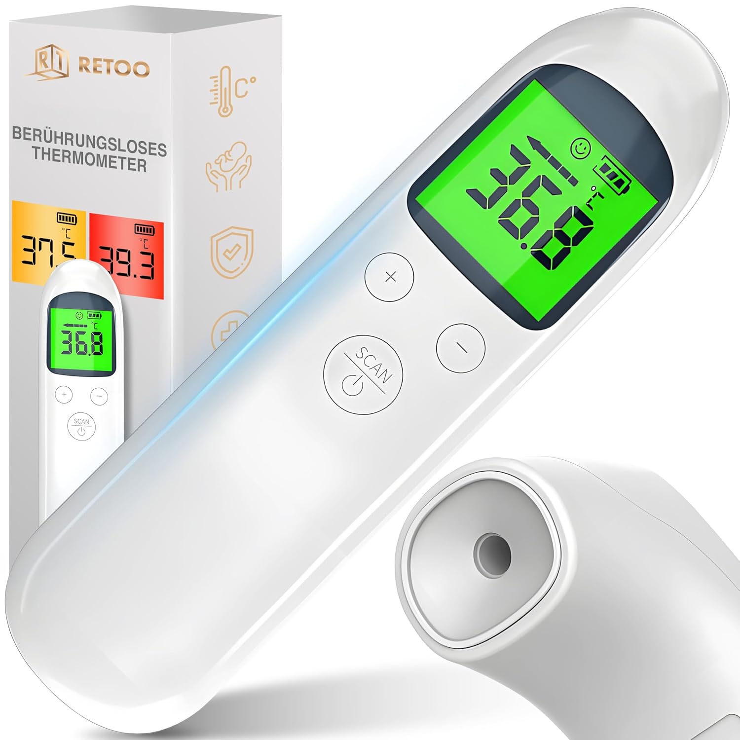 Retoo Fieberthermometer für Babys, Kinder und Erwachsene, kontaktloses Stirnthermometer, digitales Thermometer, Infrarot-Temperaturmessgerät, hygienisches LCD-Display, weiß