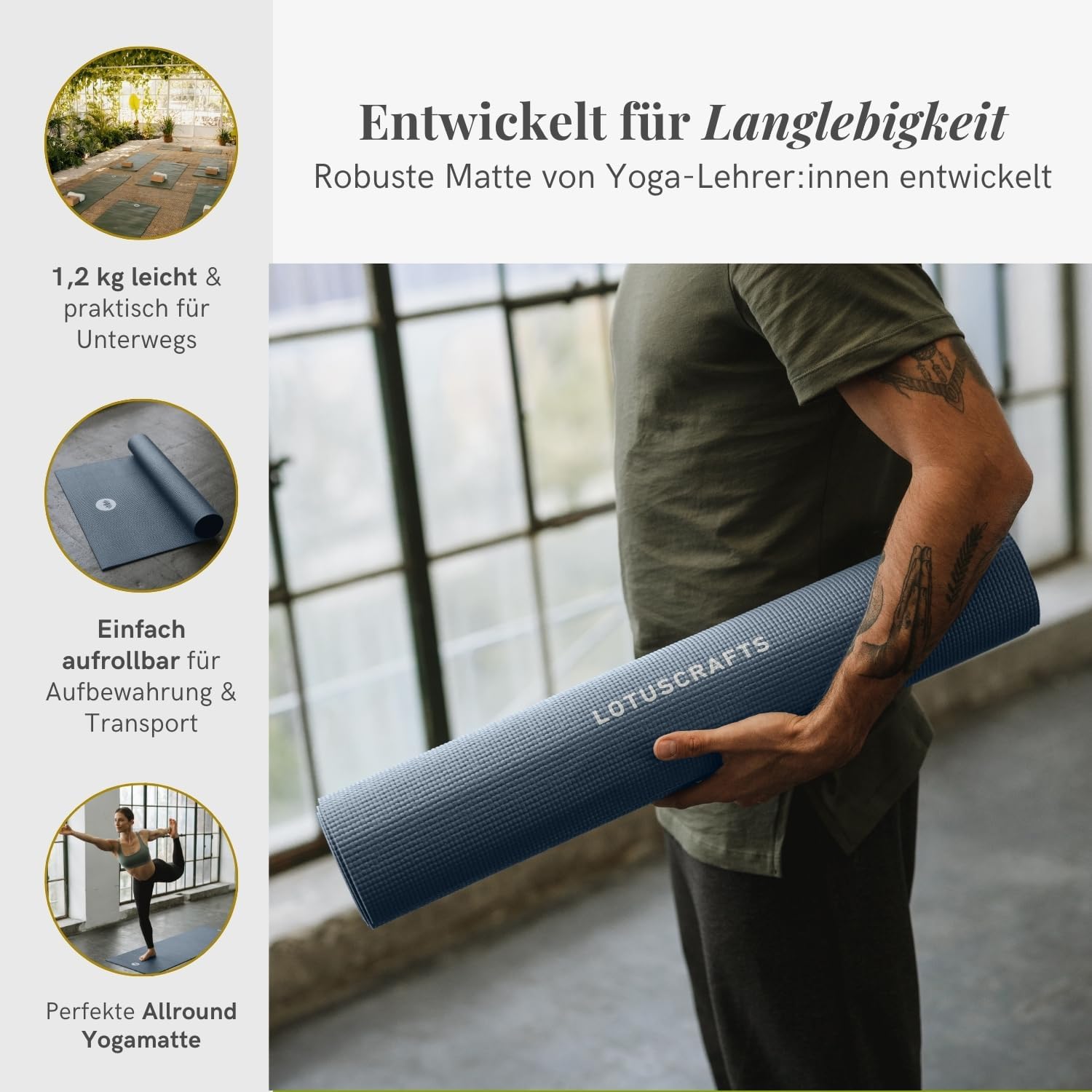 Lotuscrafts Yogamatte, rutschfest, 183 x 61 x 0,5 cm, leichte Fitnessmatte, auch als Gymnastikmatte, Sportmatte, hautfreundlich und schadstoffgeprüft – Bild 3