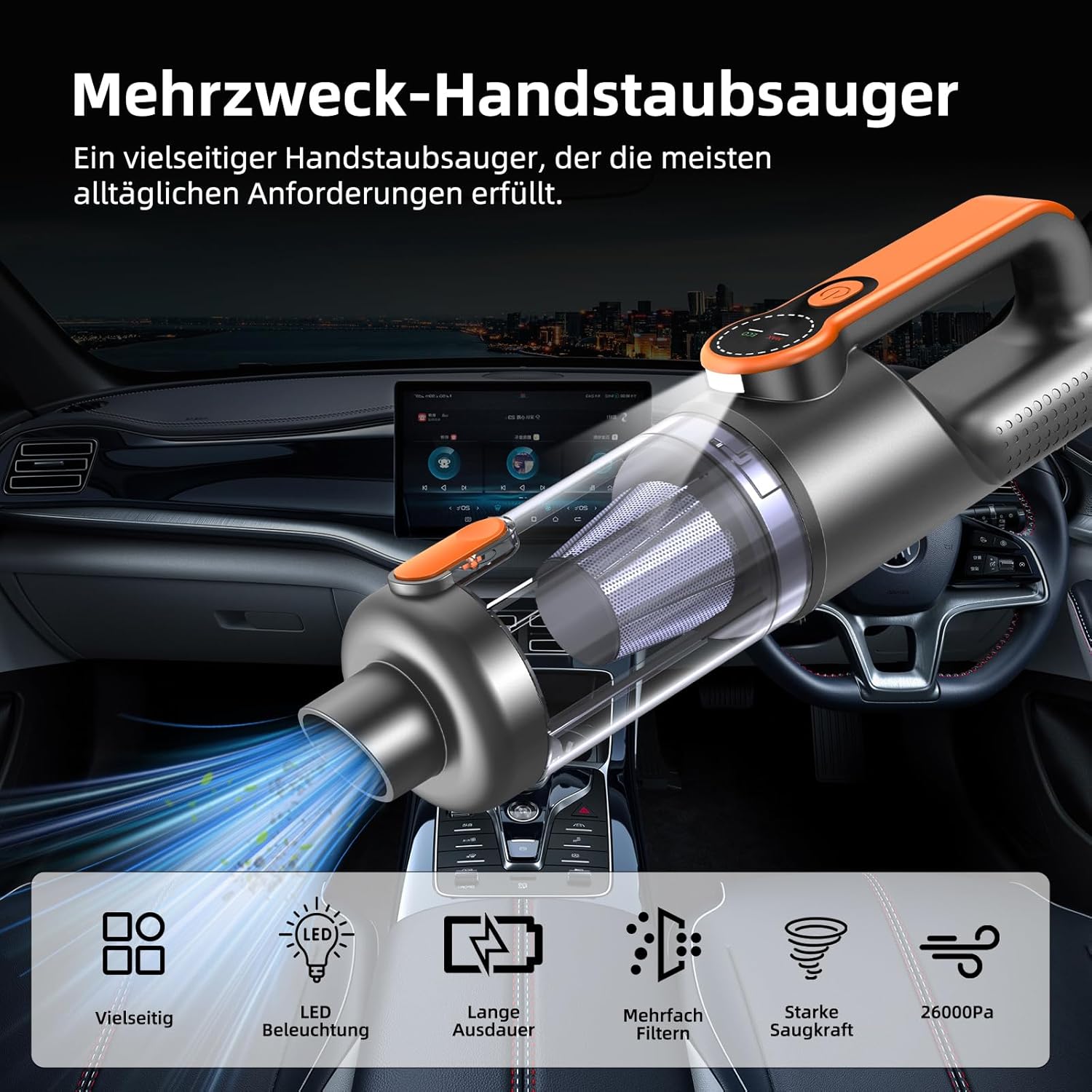 Handstaubsauger, 26000 Pa 4-in-1 Auto Staubsauger Stark, One-Touch Staubentleerung, Bürstenloser Motor, HD Display und LED Beleuchtung, Akku Staubsauger Kabellos für Zuhause/Büro/Auto, Orange – Bild 2