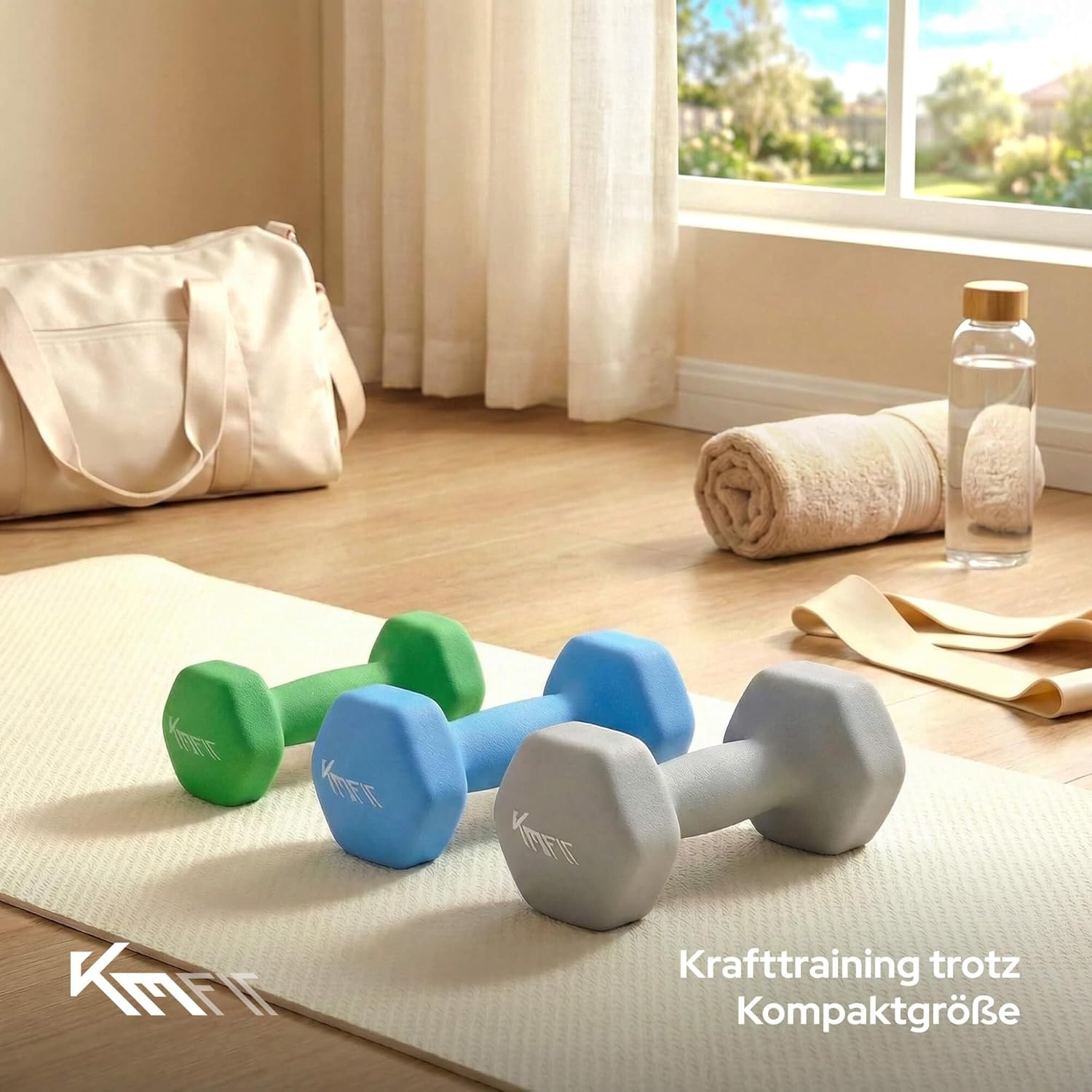 KM-Fit Hantelset 18 kg mit Ständer, Neoprenhanteln 1-5 kg, Gusseisen, ergonomischer Griff, rollsicheres Fitness- & Krafttraining für das Home Gym – Bild 7