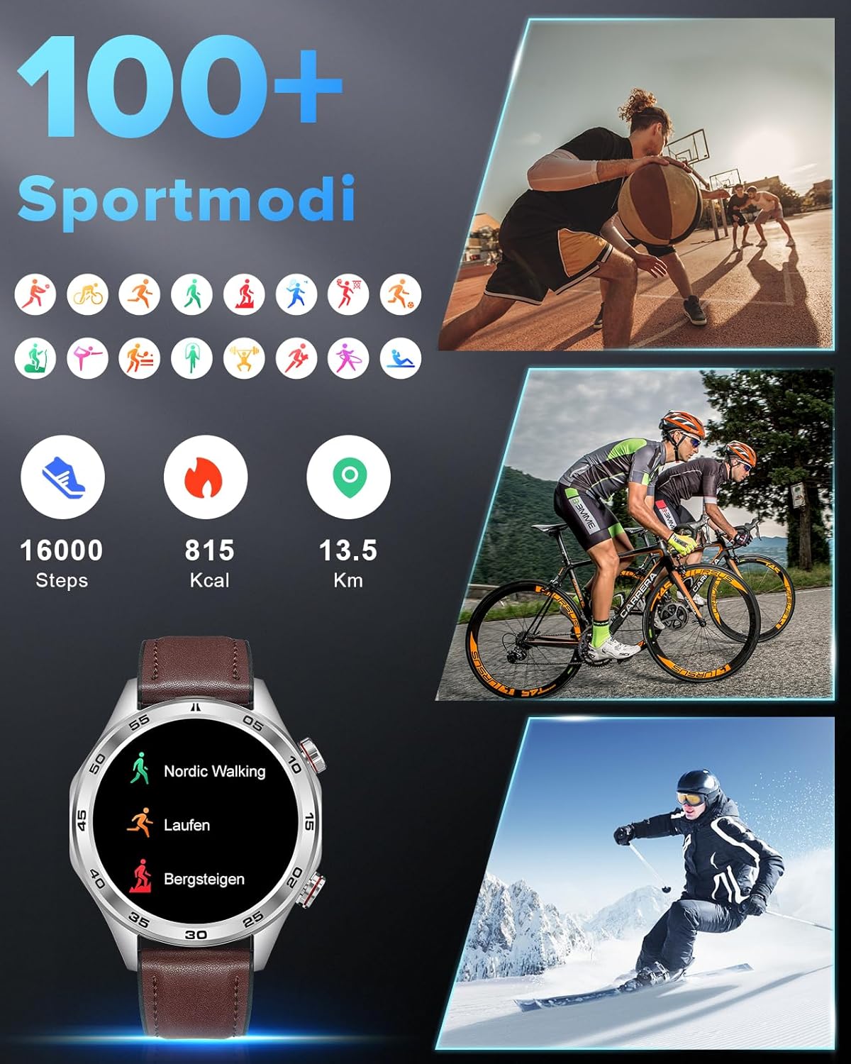 MEGALITH Smartwatch Herren Fitnessuhr: Telefonfunktion Runde Fitnessuhr mit 3 Armbändern – Blutdruckmessung Herzfrequenzmesser Smart Watch Silber Wasserdicht – Bild 3