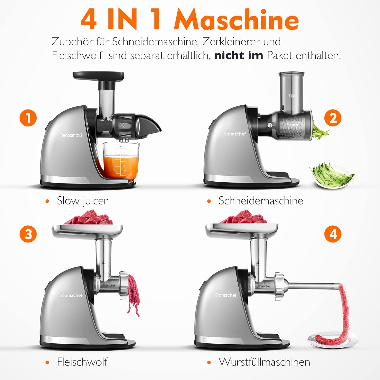 AMZCHEF Slow Juicer Gemüse und Obst, professioneller Entsafter mit leisem Motor & Rückwärtsfunktion & Saftkrug & Reinigungsbürste (150 Watt/Silber) – Bild 7