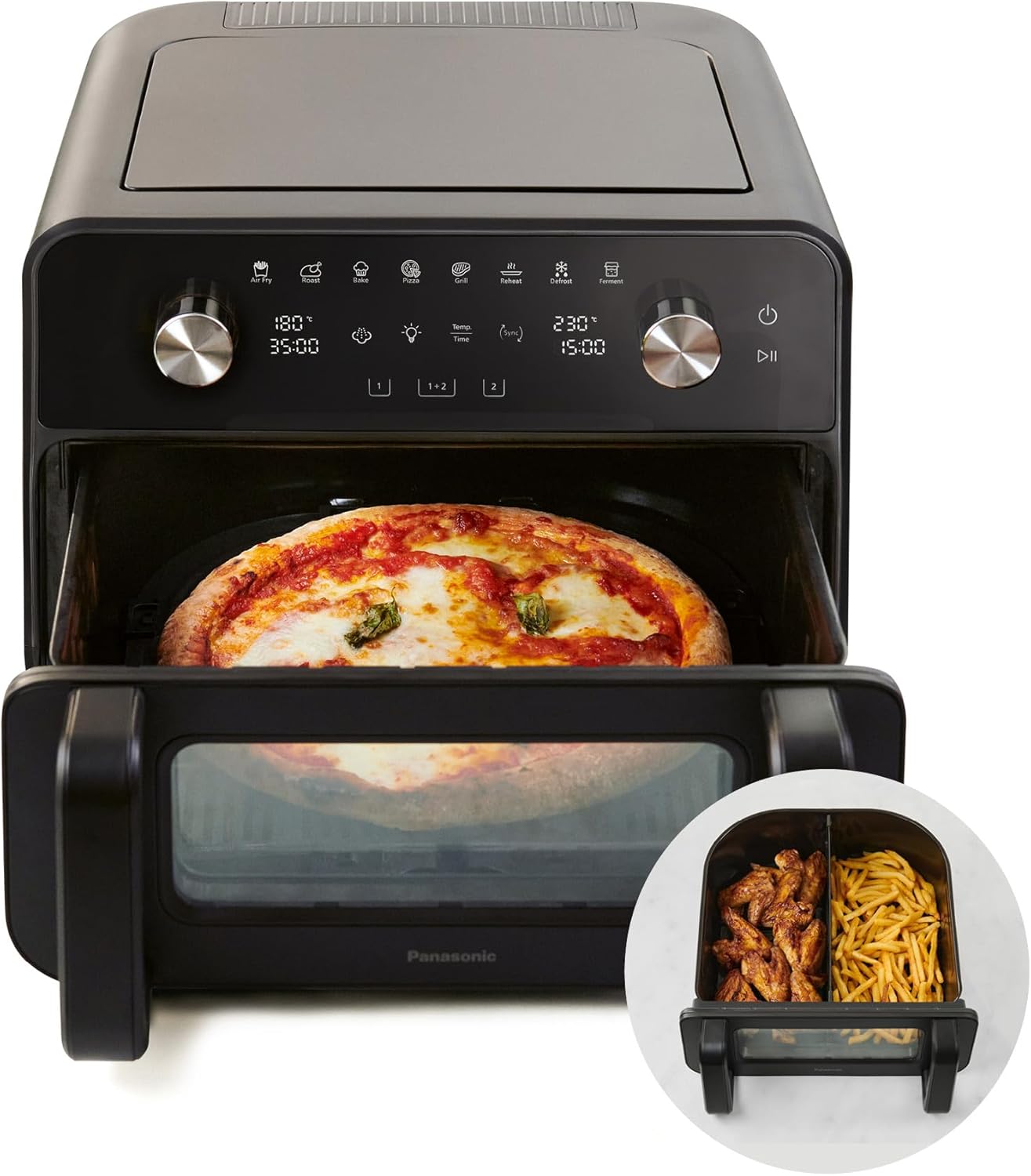 Panasonic NF-BC1000 Flex Heißluftfritteuse mit Sichtfenster, XL flexibler Garkorb, herausnehmbare Trennwand für 2 Kochzonen, 9,6 Liter, 30–230 °C, sanfter Dampf, 8 Voreinstellungen, leicht zu reinigen, Schwarz