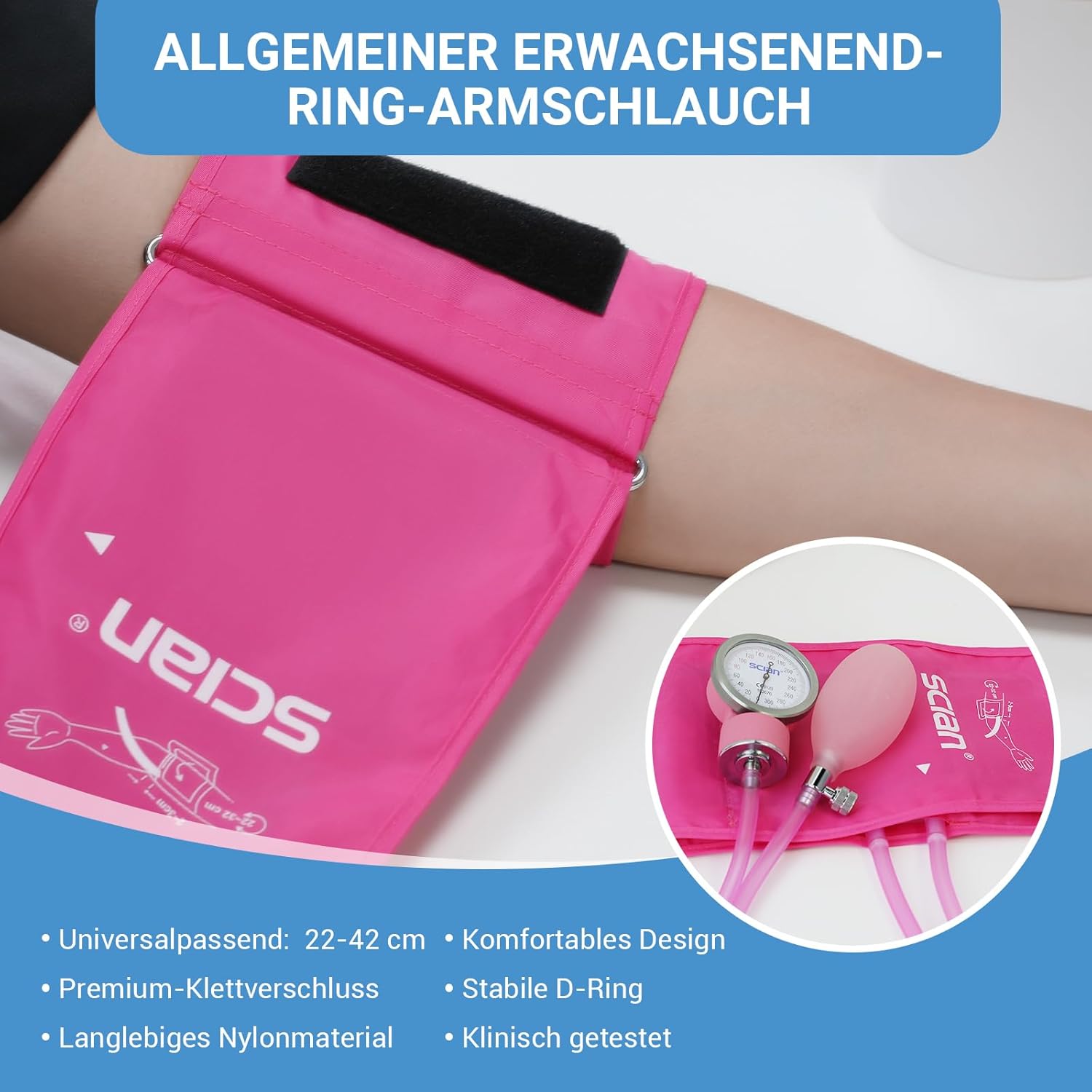 SCIAN Manuelles Blutdruckmessgerät mit europäischer Blutdruckmanschette (22–42 cm) und D-Ring + Tragetasche für Krankenschwestern, Ärzte, Senioren, Erwachsene, Pink – Bild 2