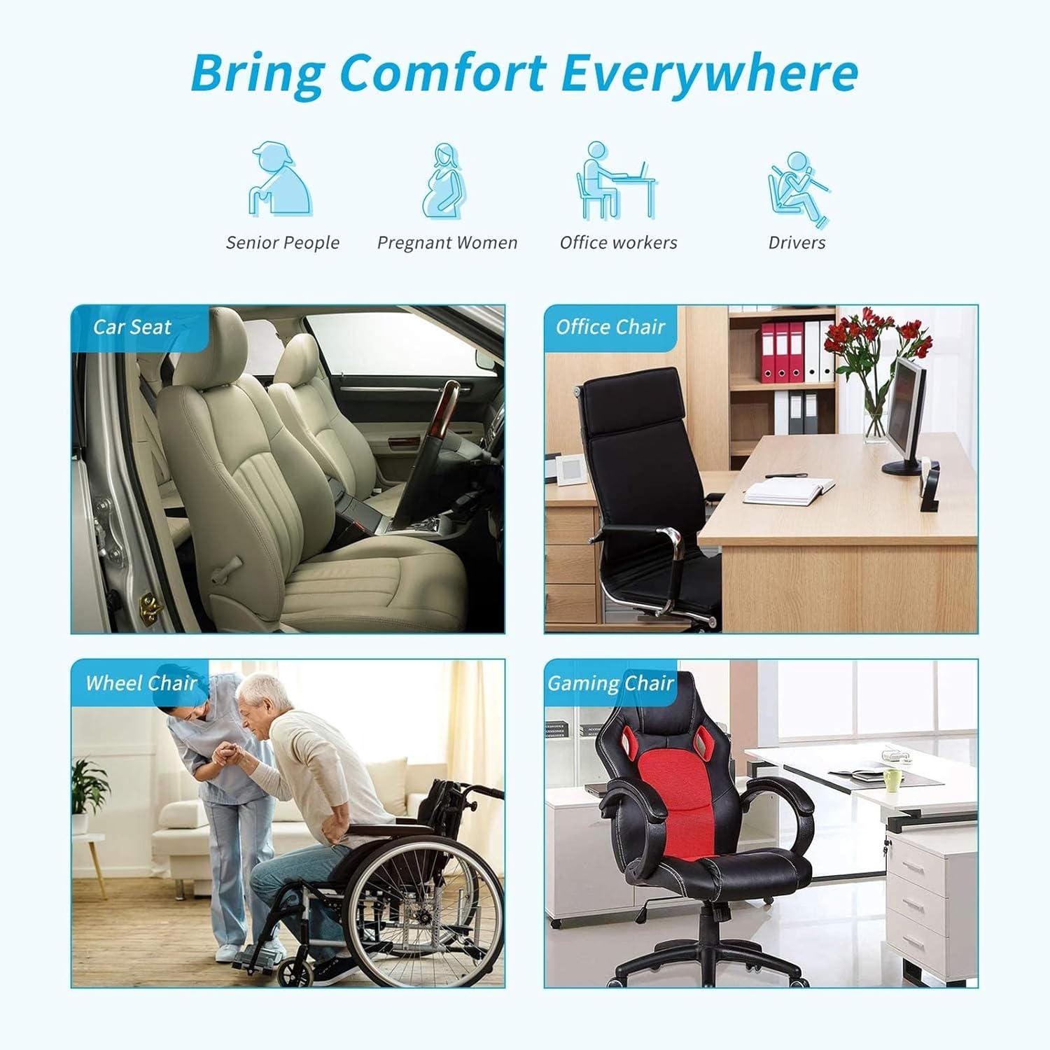 Feagar Gel-Rückenkissen, ergonomisches Memory-Schaum-Lendenkissen, Rückenkissen für Bürostuhl, Lordosenstütze, Lendenwirbelstütze, Lendenkissen für Büro, Auto, Zuhause – Bild 8