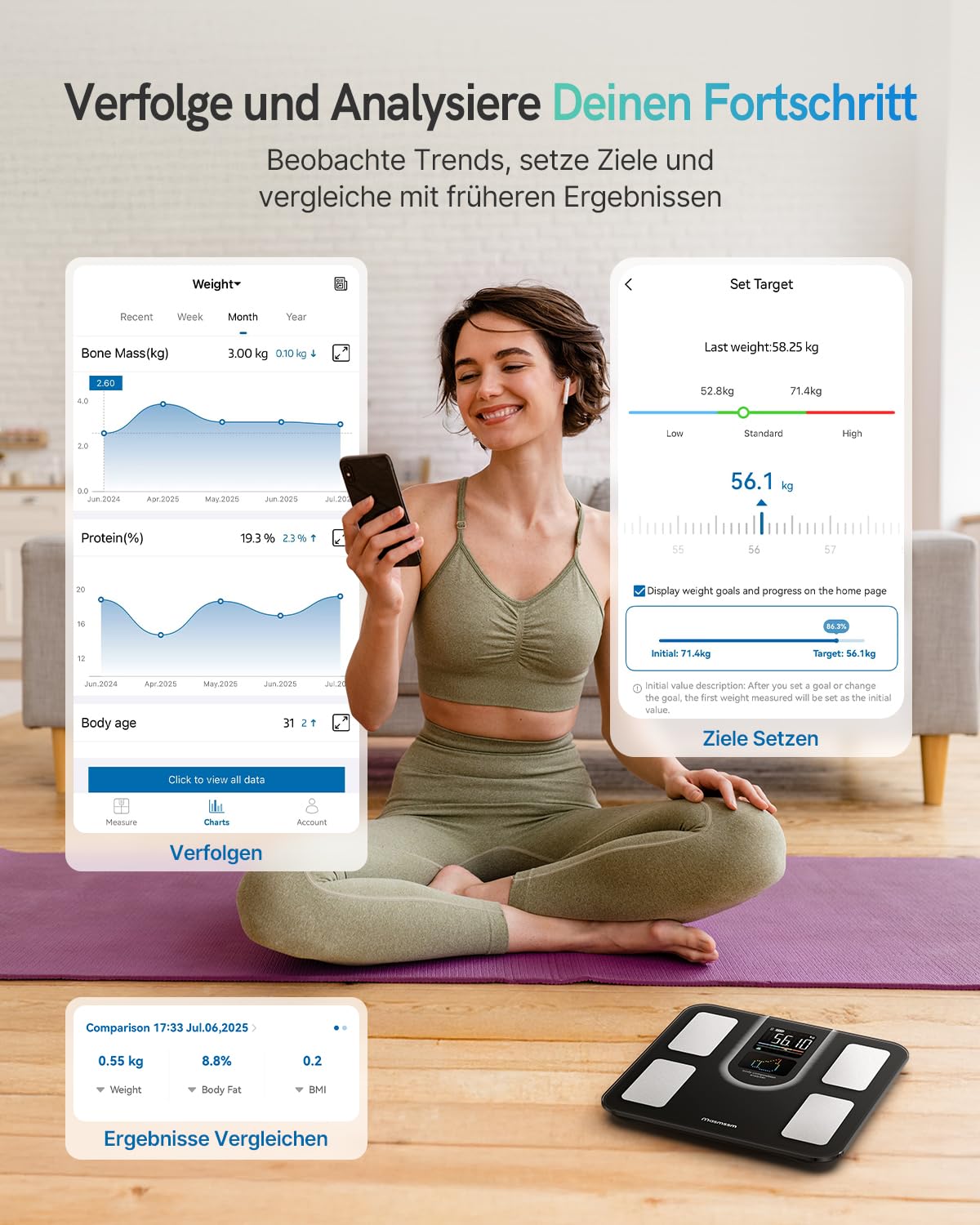Personenwaage Körperfettwaage Bluetooth Körperanalysewaage mit VA-Anzeige, 22 Körperwerte, Herzfrequenz, BMI, Körperfett & Muskelmasse, kompatibel mit iOS/Android, max. 180 kg – Bild 4