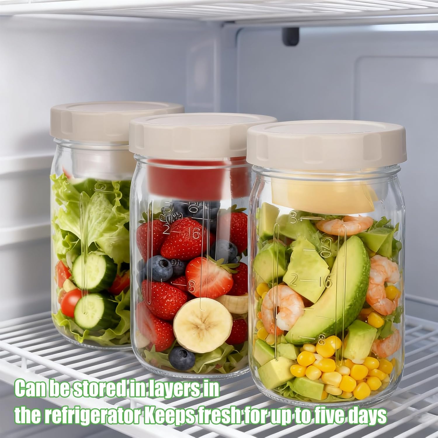 4 Meal-Prep-Gläser-Set mit Deckel, Salatbehälter, 1 Liter vertikale Schichtung, auslaufsichere Einmachgläser für Zuhause und Reisen für frische Salate, Marmelade, Overnight Oats und Mittagessen – Bild 7
