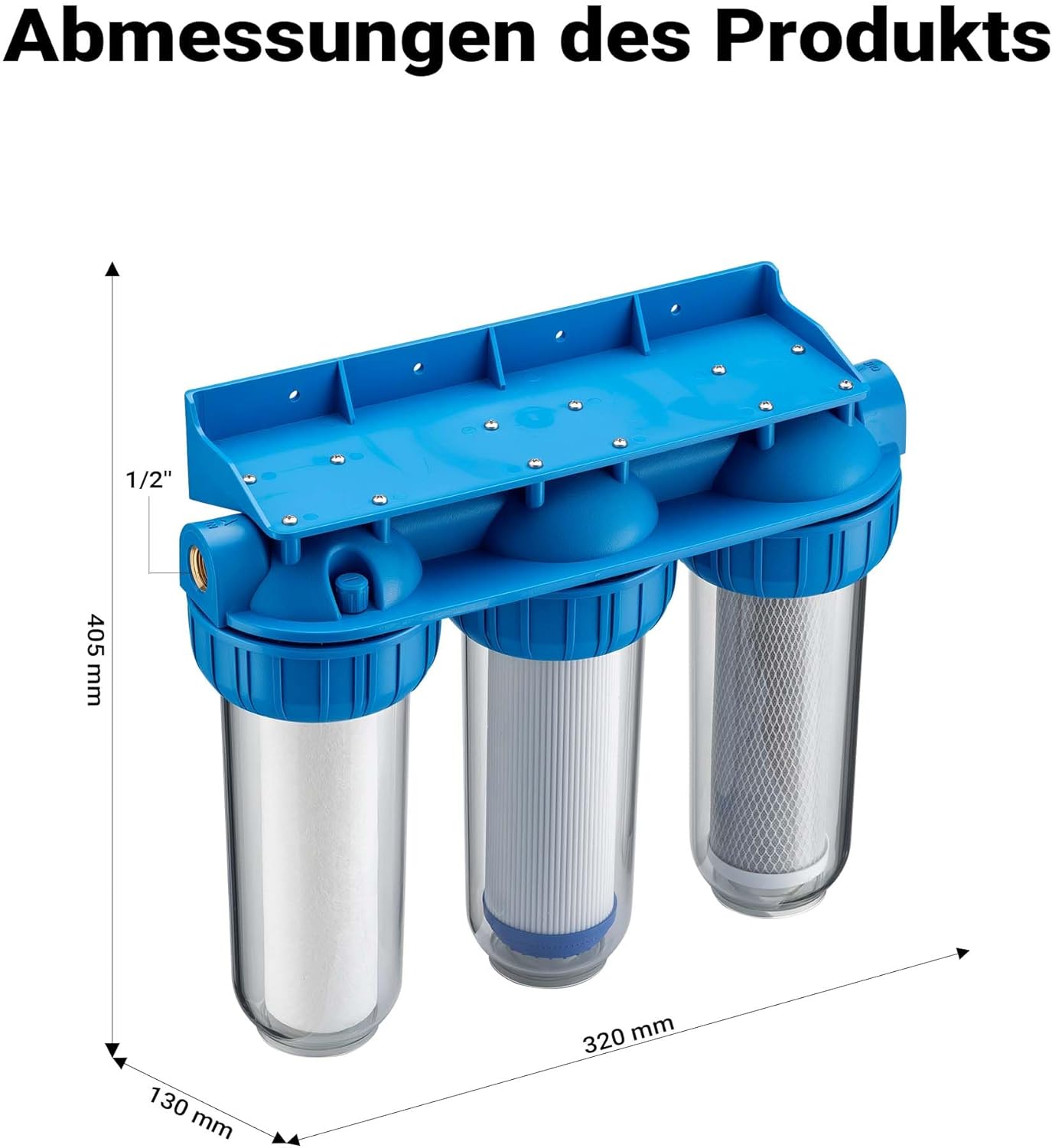 Naturewater NW-BR10B4 3-Stufen-Wasserfilter, 5 µ, 20,67 mm (1/2 Zoll), Durchmesser 60 mm PP-Kartusche, Filterwandhalterung, Filterschlüssel, Sedimentfilter, Aktivkohleblock, Aktivkohlegranulat – Bild 3
