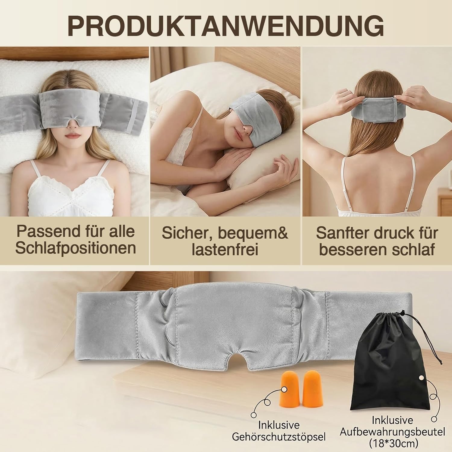 Gewichtete Schlafmaske, Gewichtete Augenmaske Blackout für Tiefenentspannung mit Ohrstöpseln und Aufbewahrungsbeutel, Reise Schlafmaske für Nachtruhe, Gegen Angst Schlaflosigkeit, Grau – Bild 5