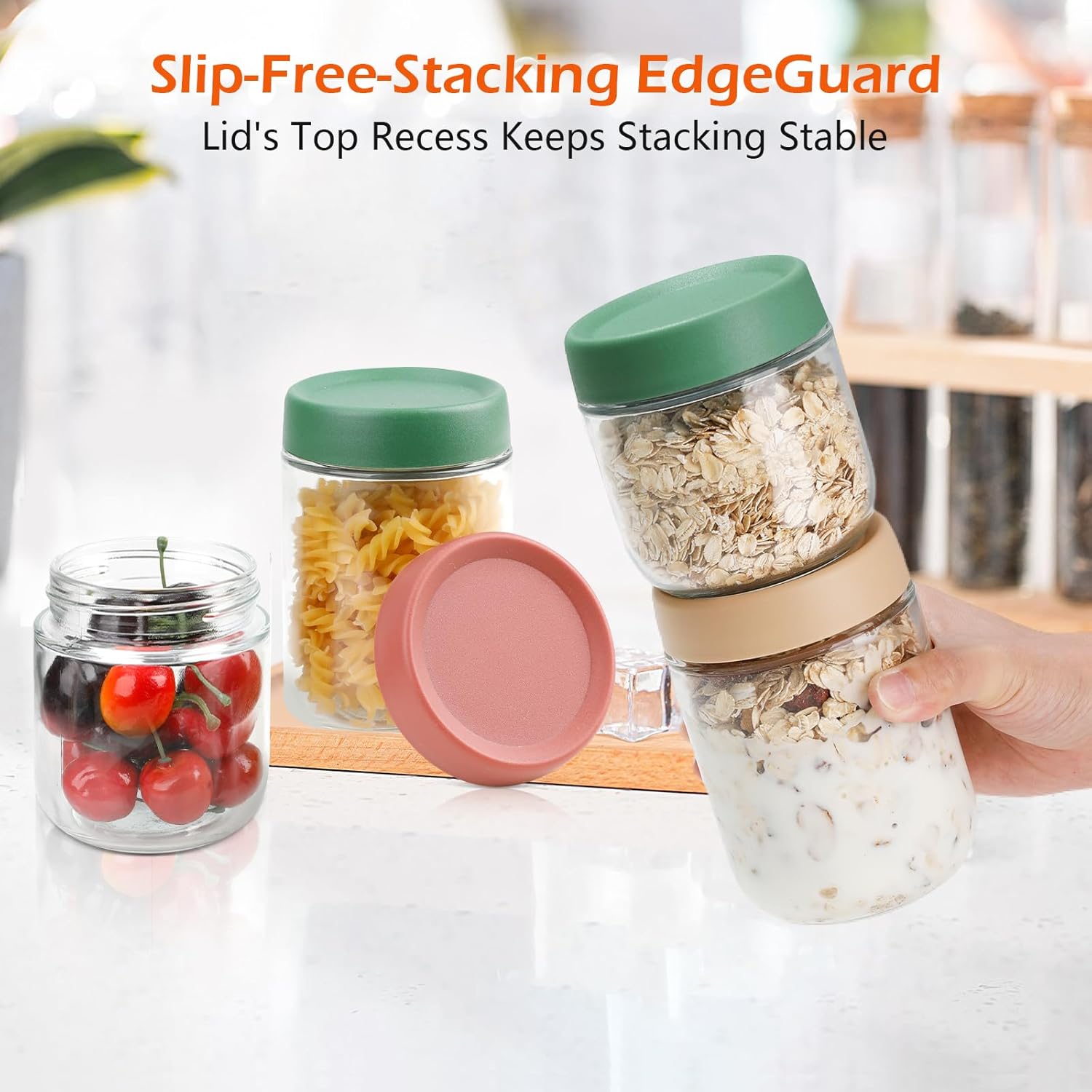 VINATO Meal-Prep-Gläser, 6er-Set mit Deckel, 3 x 480 ml + 3 x 350 ml Overnight Oats-Behälter, stapelbare Joghurtgläser aus Glas für Frühstück und Aufbewahrung – Bild 4