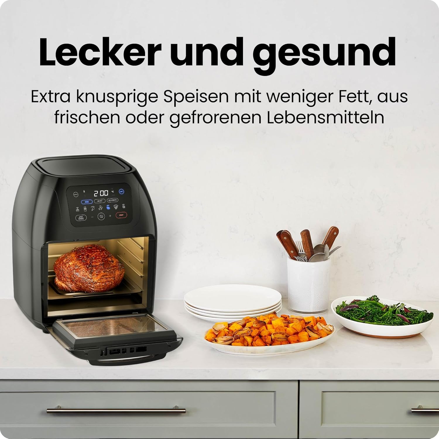 Chefman Multifunktionale digitale Heißluftfritteuse + Drehspieß, Dörrgerät, Konvektion, 17 Touchscreen-Voreinstellungen, XL 10L-Familiengröße, automatische Abschaltung, großes Sichtfenster, Schwarz – Bild 3