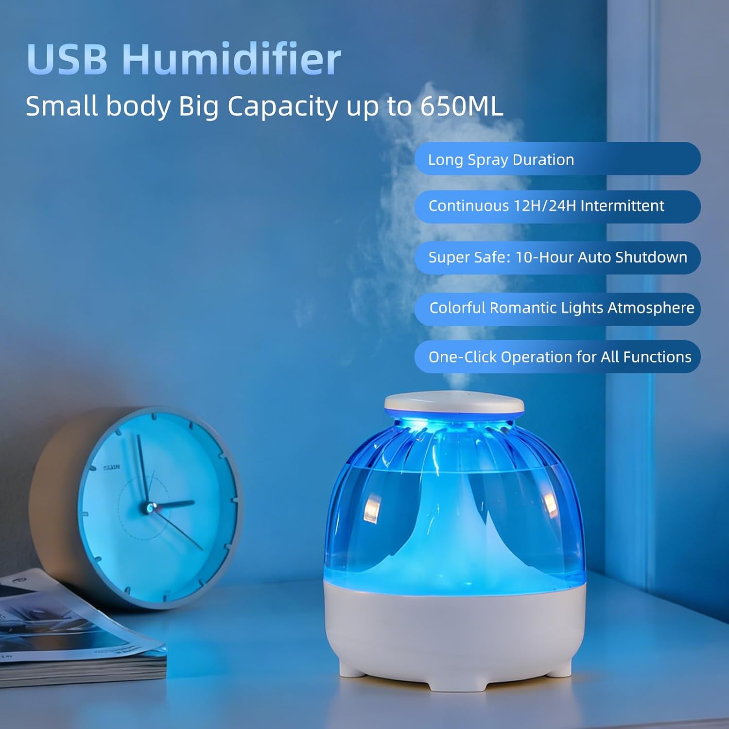 USB-Luftbefeuchter mit 650 ml für Schlafzimmer, leiser Luftbefeuchter, USB-Luftbefeuchter für Wohnzimmer, Zuhause, Büro, 2 Nebelmodi, weiße Nachtlichtfunktion – Bild 4
