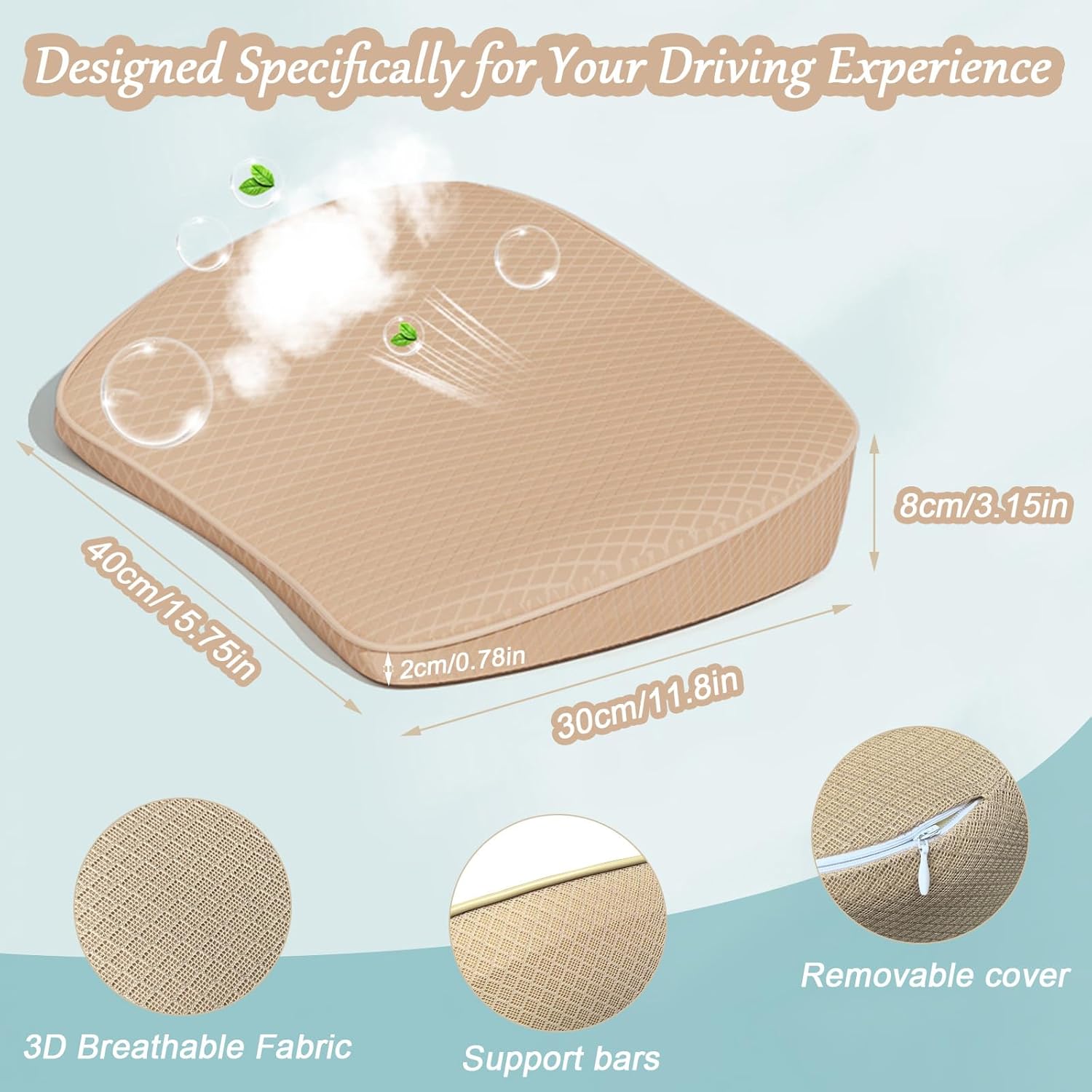 2-in-1-Keilkissen für Auto oder Lendenwirbelsäule – 8 cm weiches Memory-Schaum-Autositzkissen, Fahrersitzkissen – Komfortsitzkissen, Autokissen, Sitzkeilkissen für Auto und LKW, Beige – Bild 5