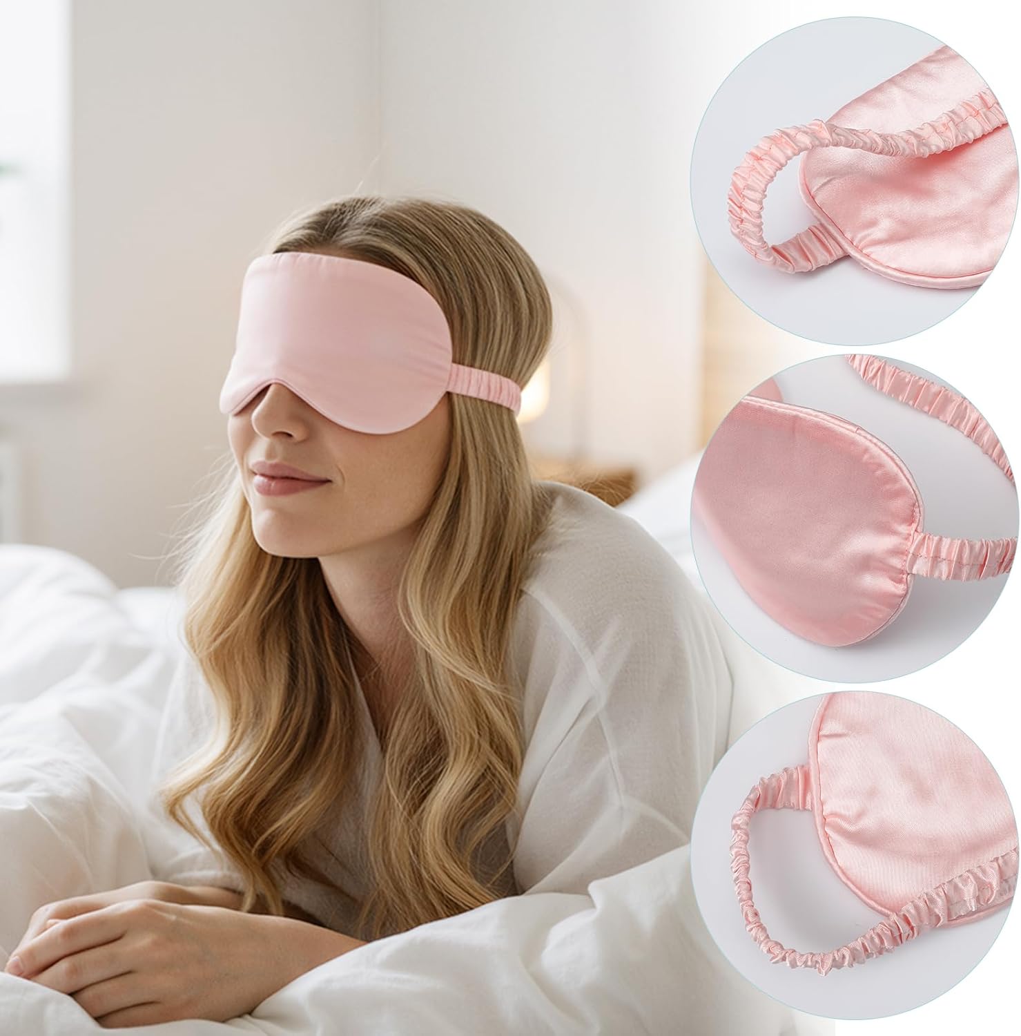 2er-Pack Schlafmasken aus Seide, Augenmaske für Frauen mit verstellbarem Riemen, lichtblockierende Schlafbrille für Reisen und Zuhause, ultraweich und atmungsaktiv (Rosa + Blau) – Bild 4