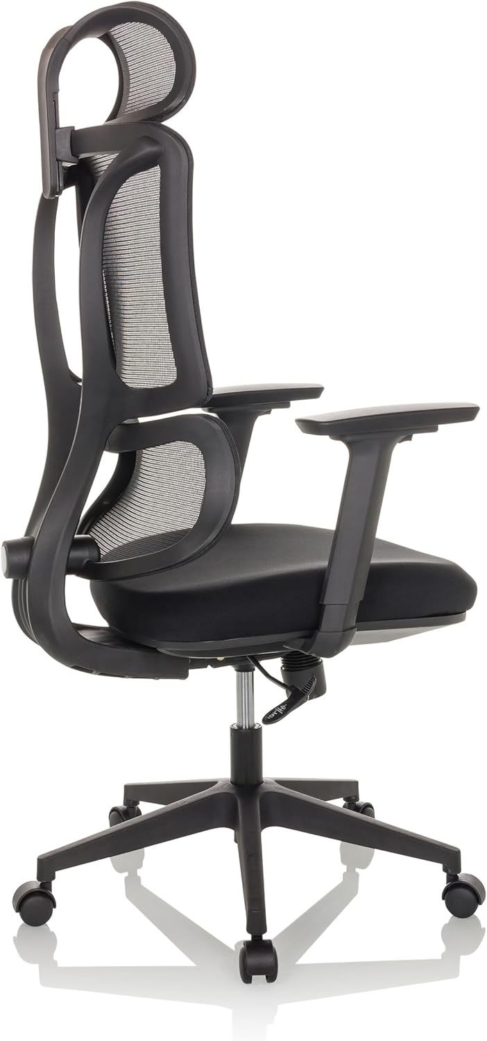 Ergomy Ergonomischer Bürostuhl mit Lordosenstütze, Kopfstütze, Chefdrehstuhl mit Netzrückenlehne, Stoff, Schwarz – Bild 7