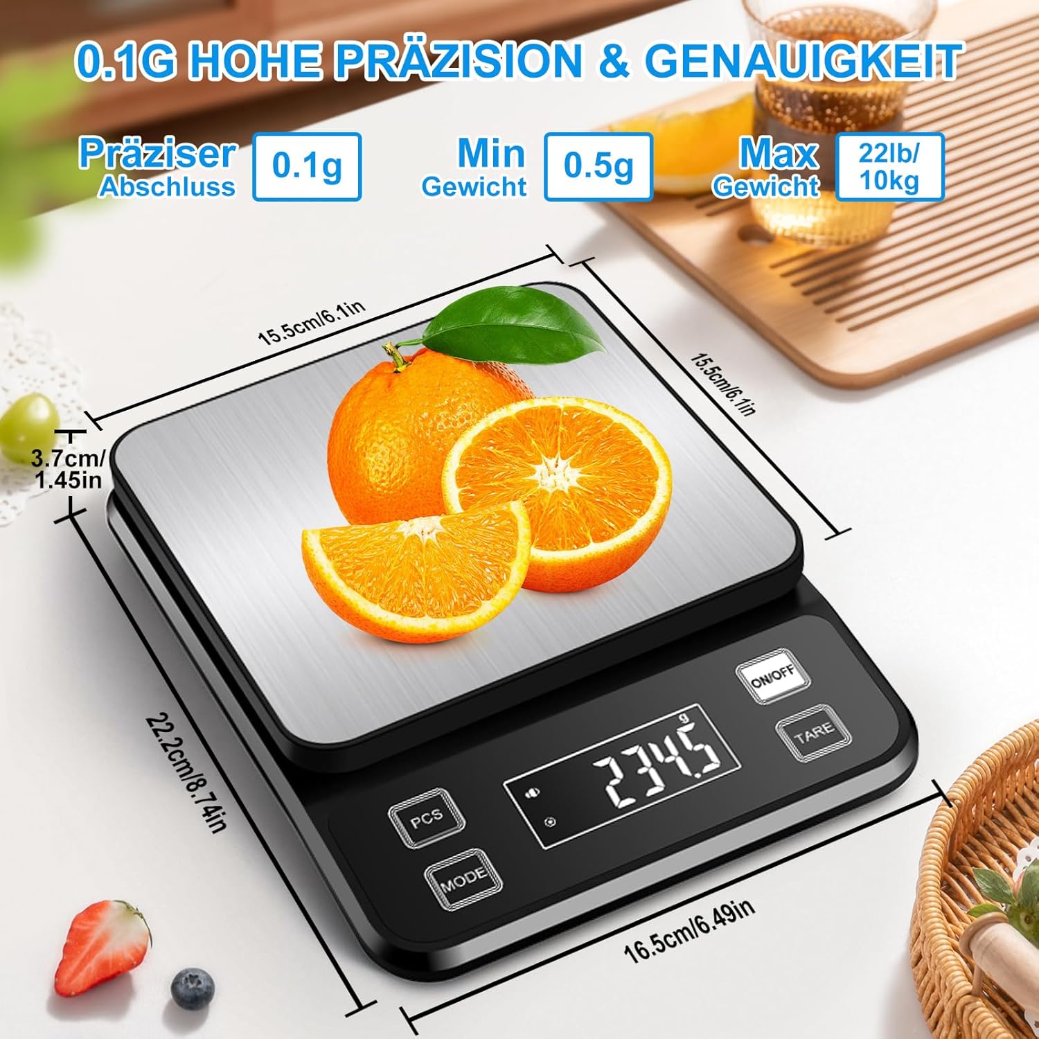 Diyife Wasserdichte IPX67 Küchenwaage 10 kg, 0,1 g Digitalwaage mit großer Wiegefläche aus Edelstahl, wiederaufladbare Lebensmittelwaage, 10 Einheiten, LCD-Display, Tara-Zählfunktion, Buchstabenwaage, Schwarz – Bild 3