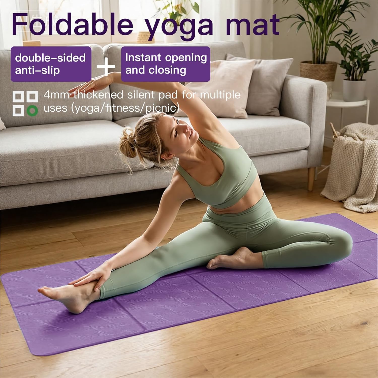 Faltbare Yogamatte, faltbare Yogamatte, Reisen, leicht, 183 x 61 x 0,4 cm, rutschfeste tragbare Fitnessmatte mit Tragetasche für Reisen, Pilates, Sport – Bild 5
