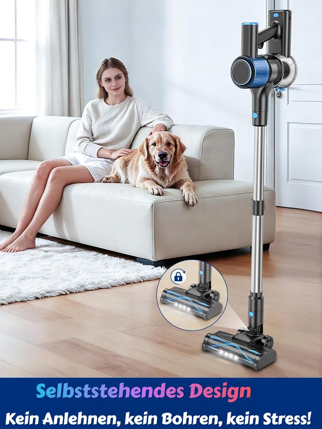 Staubsauger Kabellos 45 KPa/500 W/45 Min., selbststehend, LED-Anzeige, Anti-Tangle-Bürste – Bild 2