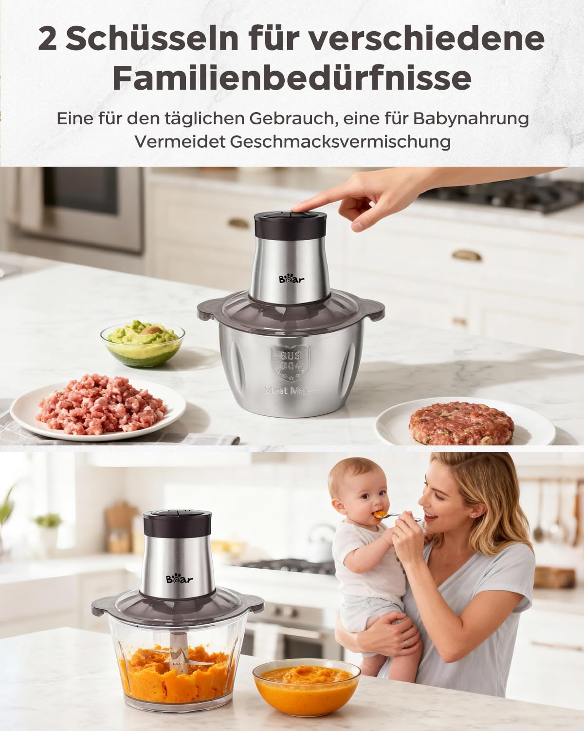 Bear 2L + 1,8L Elektrischer Minizerkleinerer 600W 2 Geschwindigkeitsstufen Zerkleinerer mit 4 Edelstahlklingen und Fleischwolf, Glasbehälterzerkleinerer für Fleisch, Babynahrung, Obst, Gemüse – Bild 5