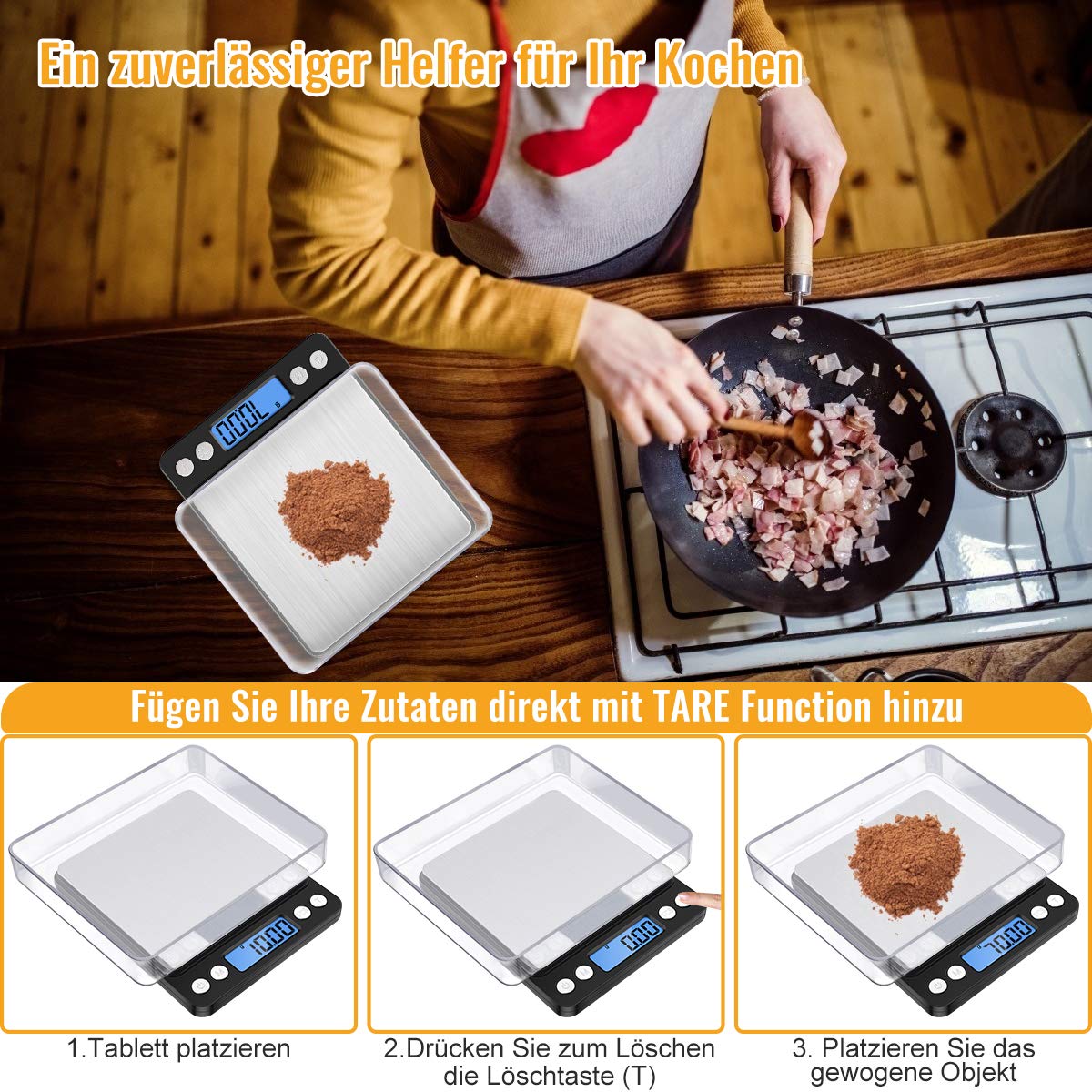 Diyife Präzisionswaage 500 g/0,01 g, Briefwaage, Taschenwaage, hohe Präzision, LCD-Display mit Hintergrundbeleuchtung, Küchenwaage mit Tara-Funktion und PCS, mit 2 Ablagen und Batterien – Schwarz – Bild 4