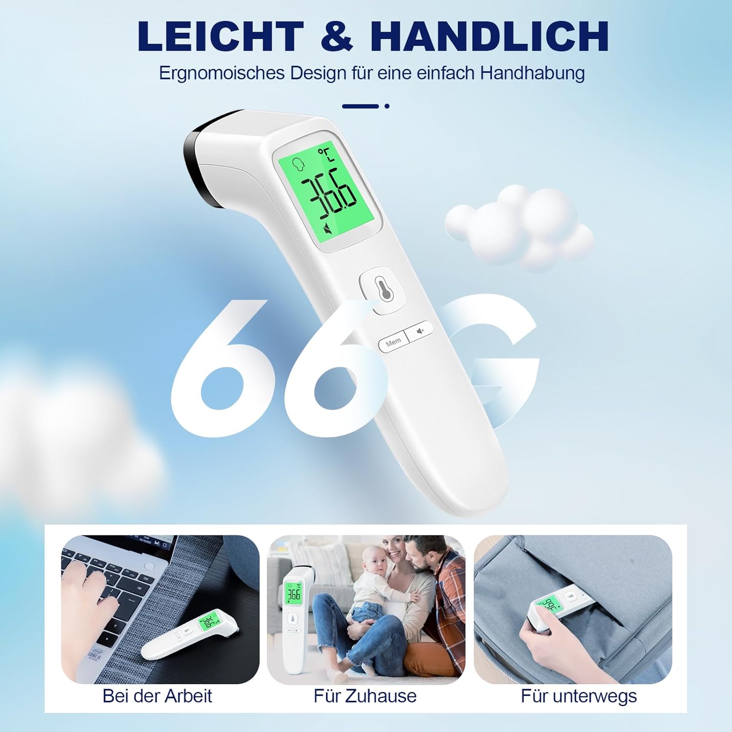 Fieberthermometer, kontaktloses Stirnthermometer, digitales Infrarot-Thermometer für Babys und Erwachsene mit sofort genauen Messwerten, Fieberalarm, LCD-Display und 35 Speicherabrufen (Creme) – Bild 7