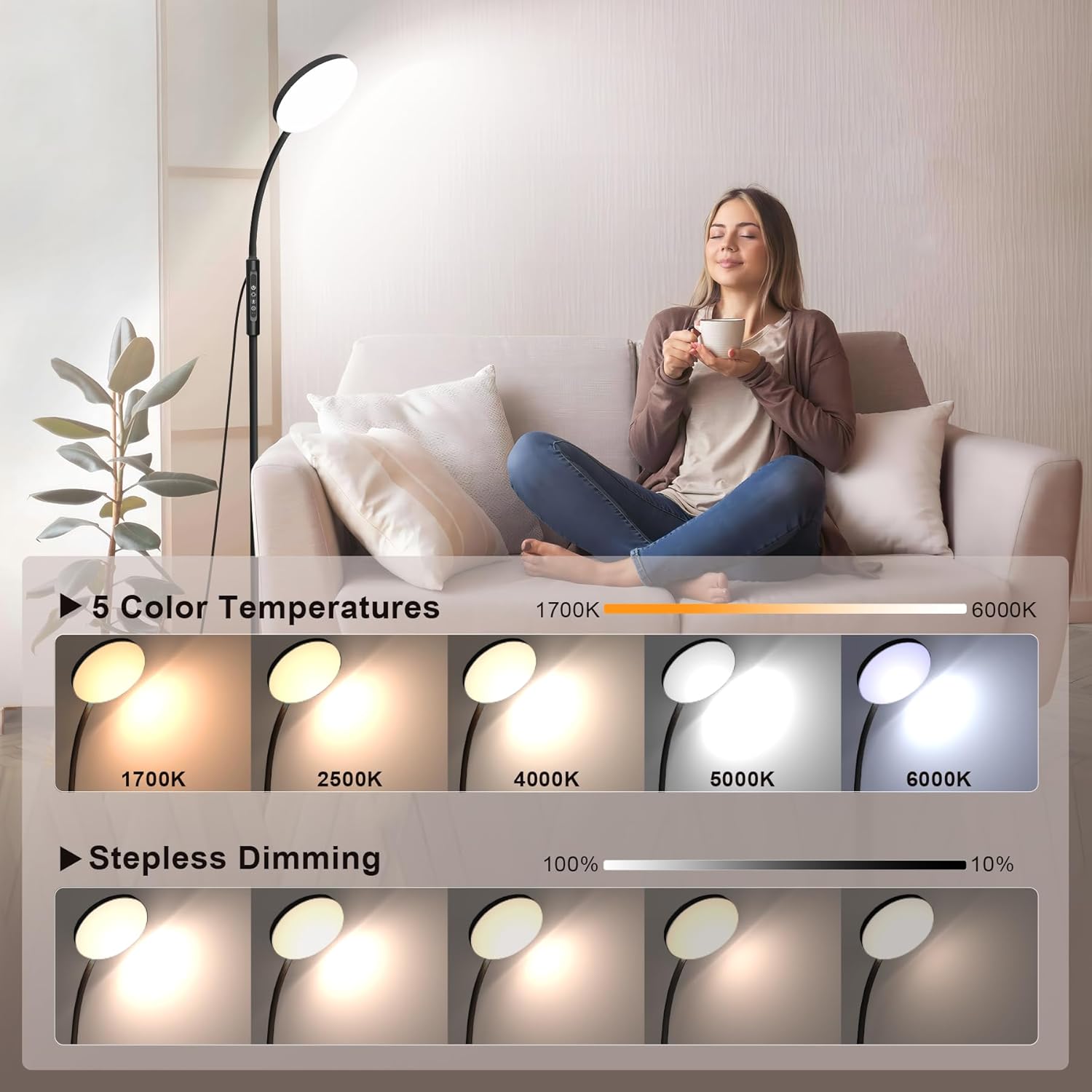 Mojimdo Stehlampe 20000 Lux Tageslichtlampe – Flexible, dimmbare LED-Lichttherapielampe mit 5 Farben, 10 Helligkeitsstufen und Timer – Ideal für Schlafzimmer, Wohnzimmer und Büro – Schwarz – Bild 2