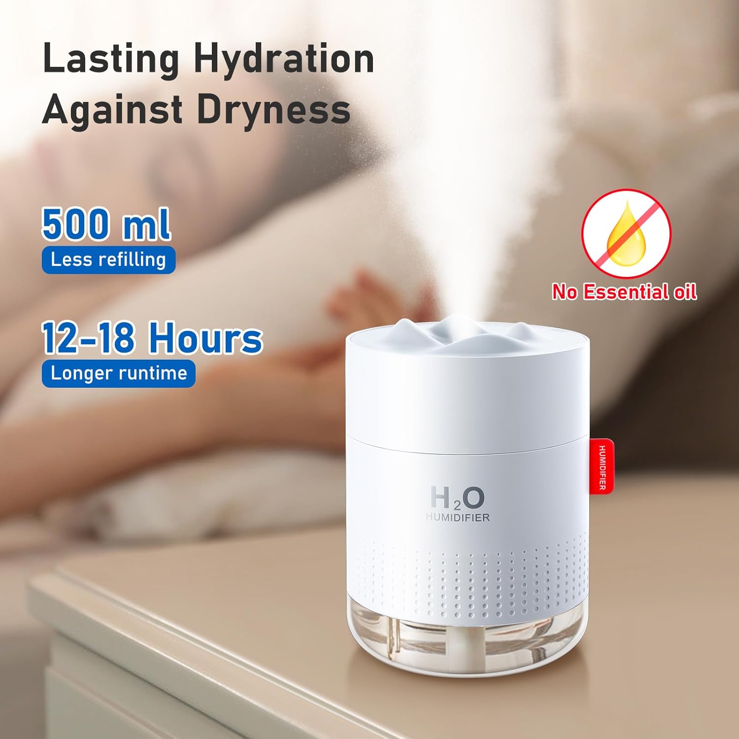 Tragbarer 500-ml-Mini-Ultraschall-Luftbefeuchter + 2 Filter für Schlafzimmer, ruhige Räume, Zuhause, Yoga, Büro, bis zu 10–16 Stunden Dauerbetrieb, automatische Abschaltung – Bild 2