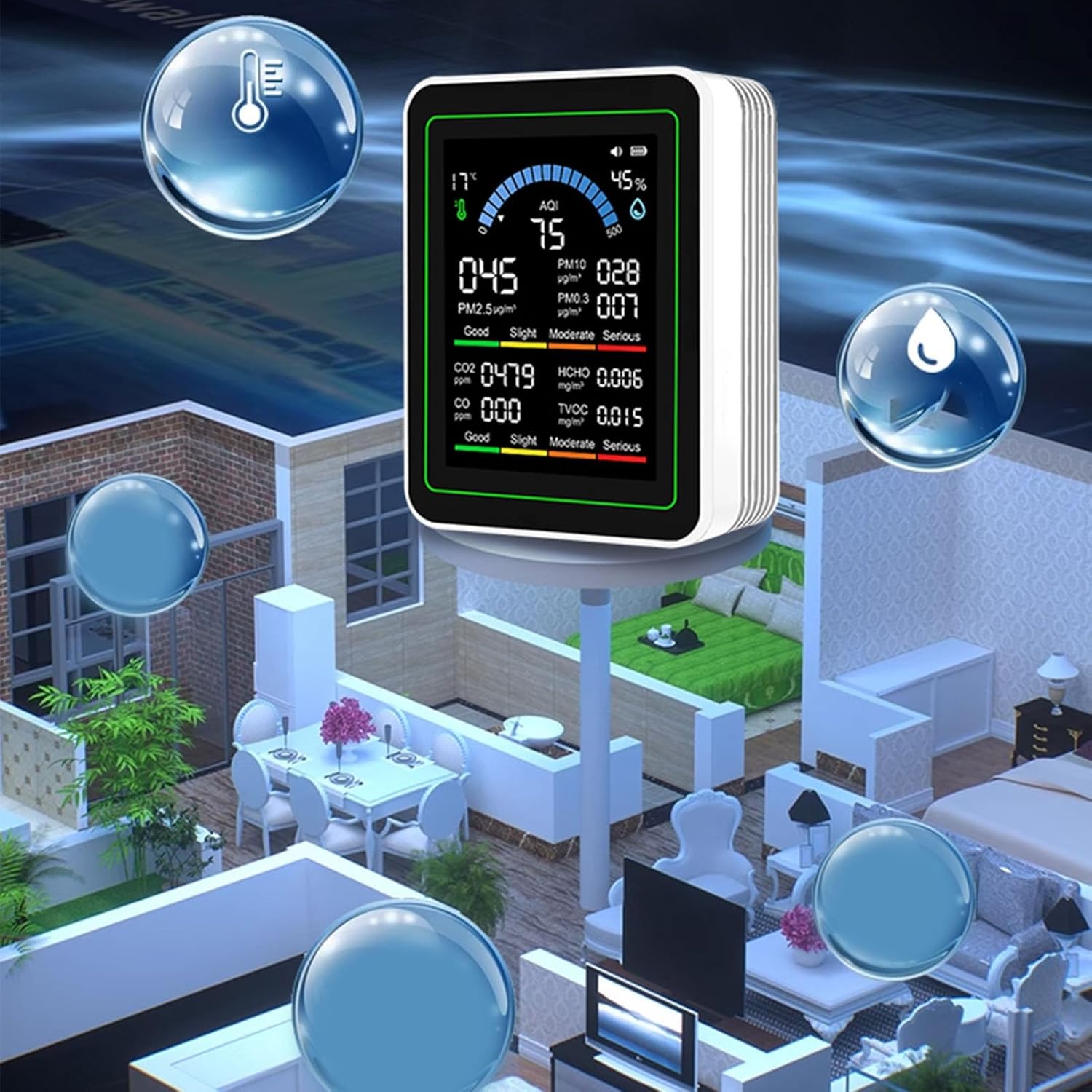 Topiky 10-in-1-Luftqualitätsdetektor, Luftqualitätsmonitor für Innenräume, CO2-TVOC-HCHO-PM2,5-PM10-PM0,3-Erkennung, Tragbares Luftqualitätsmessgerät, Luftverschmutzungsmessgerät für Zuhause, Räume, – Bild 4