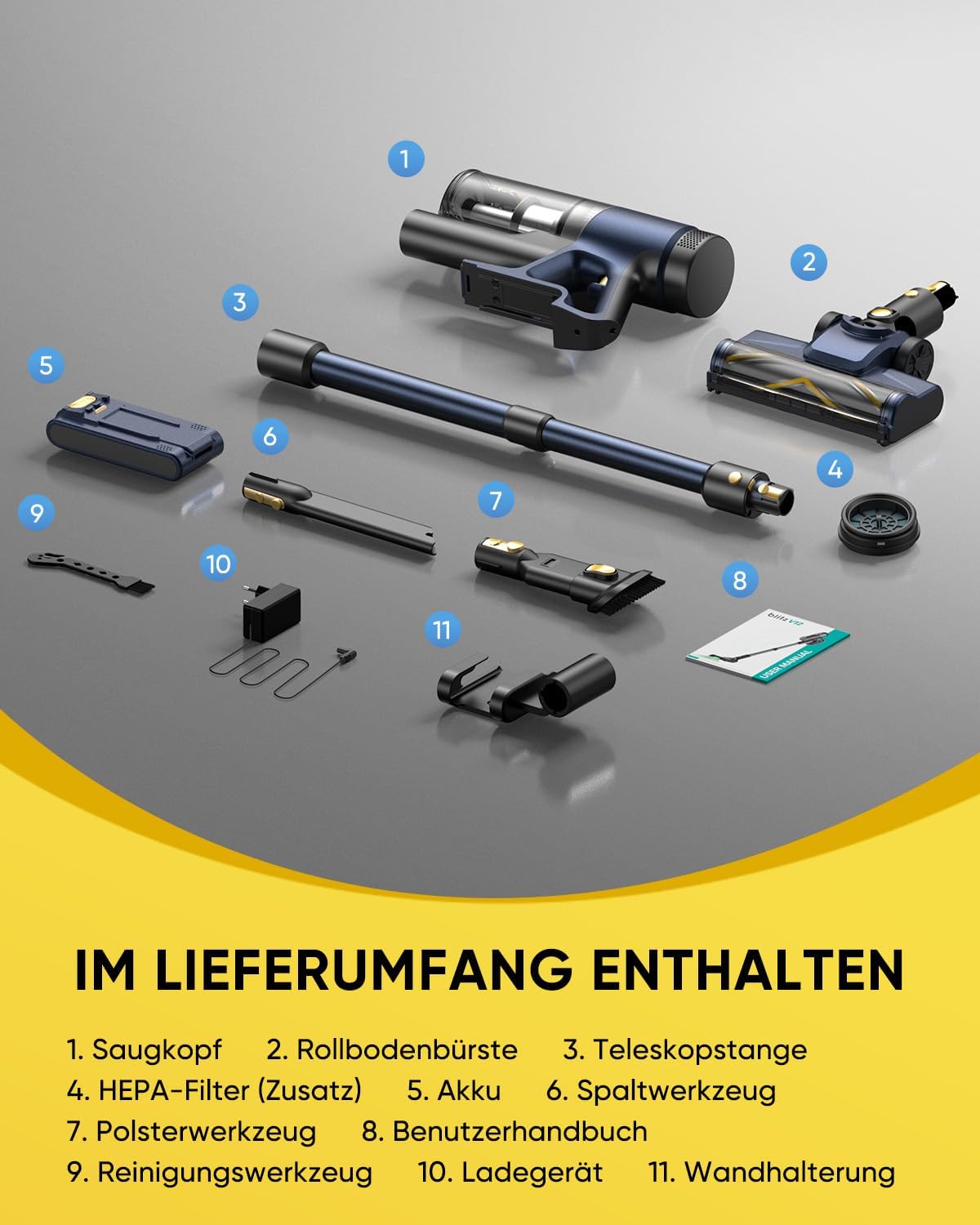 Vexilar Akku-Staubsauger 50.000 Pa/450 W/50 Min, kabelloser Staubsauger mit grüner LED, leichter 6-in-1 Akku-Staubsauger für Teppiche, Hartböden, Vorhänge, Auto, Tierhaare – Bild 9