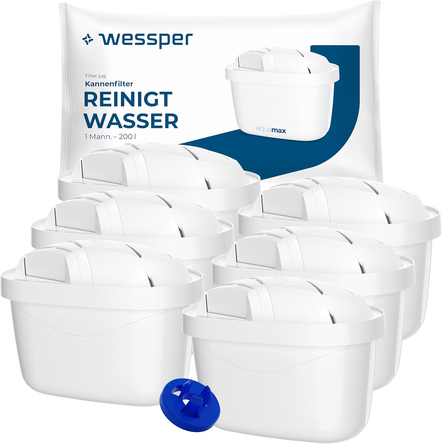 Wessper Wasserfilterkartusche, Filter mit Aktivkohle und Ionenaustauschharz, zusätzlicher PIN kompatibel mit Brita Krug, Ersatzfilter für Krug von Dafi, Wessper, Aquaphor, Philips – 6 Stück