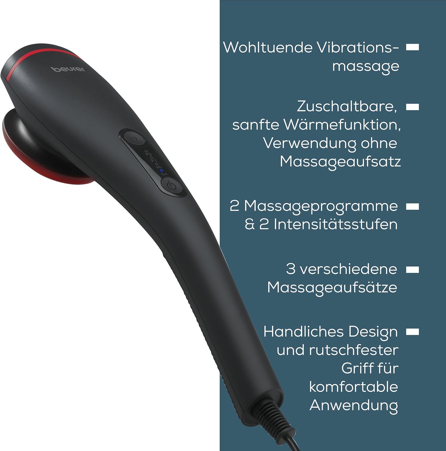 Beurer MG 24 Vibrationsmassagegerät, 2 wohltuende Massageprogramme und 2 Intensitätsstufen für ideale Entspannung, 3 Massageaufsätze, am ganzen Körper anwendbar, schwarz – Bild 6