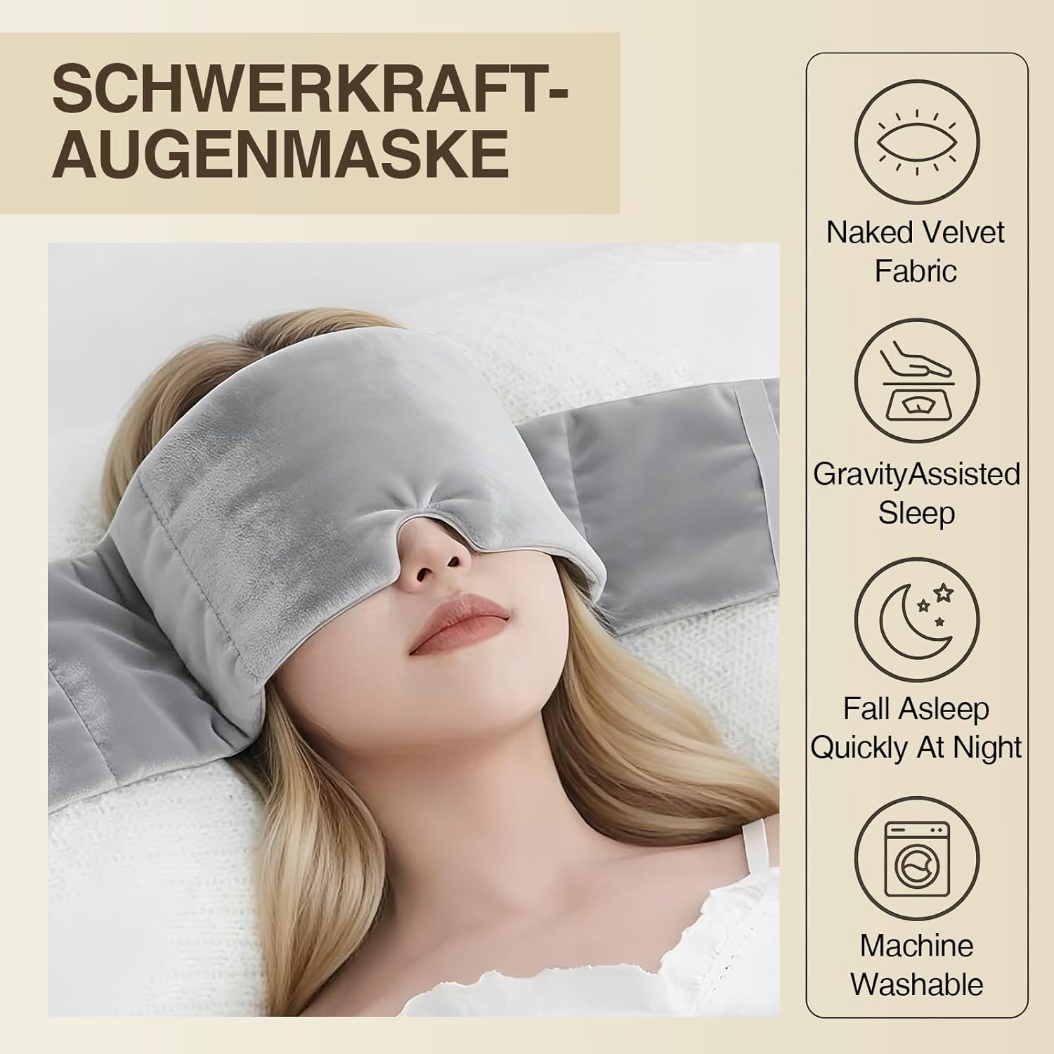 Gewichtete Schlafmaske, Gewichtete Augenmaske Blackout für Tiefenentspannung mit Ohrstöpseln und Aufbewahrungsbeutel, Reise Schlafmaske für Nachtruhe, Gegen Angst Schlaflosigkeit, Grau – Bild 4