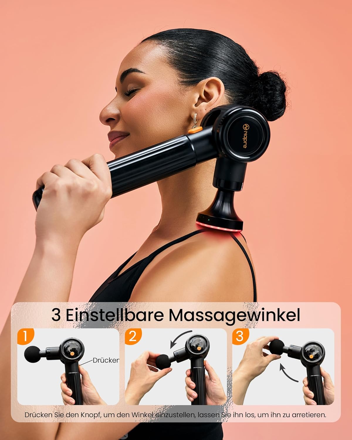 Massagepistole mit Wärmefunktion und Rotlichttherapie, Napre-Massagepistole mit Verlängerungsgriff und 3 verstellbaren Winkeln, Muskel-Percussion-Massagegerät zur Rücken-/Nackenentspannung – Bild 2