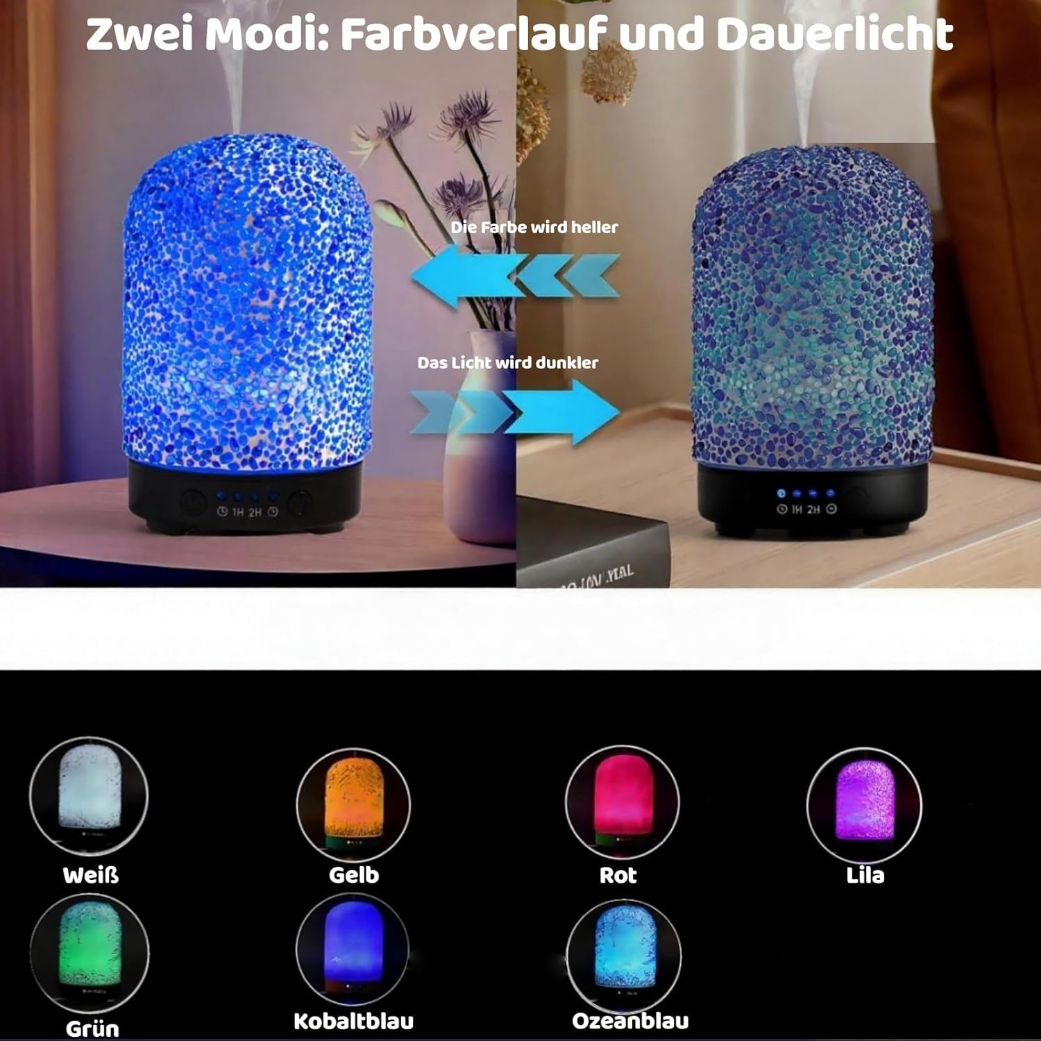 VOREEN Aromadiffusor mit manuell aufgeklebtem Mosaikglas, Ultraschall-Duftvernebler für ätherische Öle mit LED-Licht & Timer, Raumduftdiffusor für Schlafzimmer, Büro – Bild 5