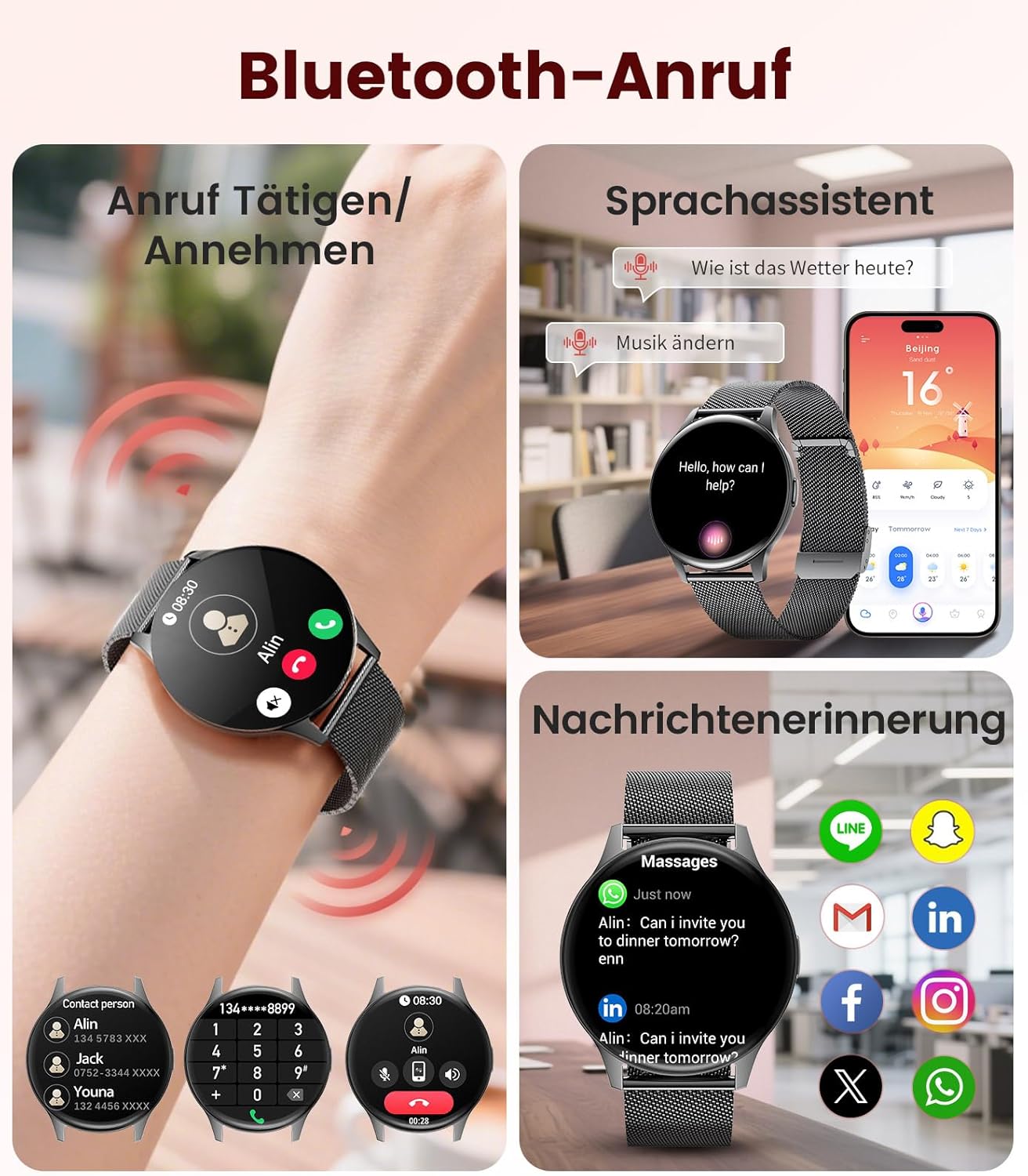 LIGE Damen Smartwatch (2 Armbänder), 1,43 Zoll HD AMOLED Display Smartwatch mit Telefonfunktion, Fitnessuhr, Sportuhr mit 120+ Sportmodi, Schlaftracking, Menstruationszyklus, Uhr für iOS/Android, Schwarz – Bild 3