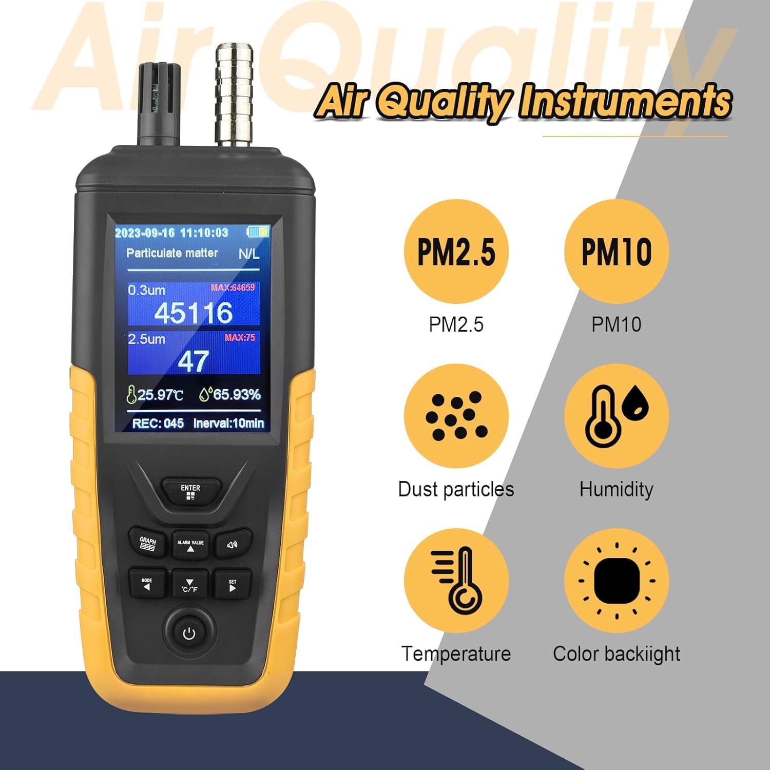 Feinstaubmessgerät Partikelmessgerät, CO2-Messgerät PM0,3/2,5/10 um Partikelmonitor, hochempfindlicher 3-Kanal 0~1000 μg/m³ USB wiederaufladbarer Temperatur- und Luftfeuchtigkeitsmonitor – Bild 3