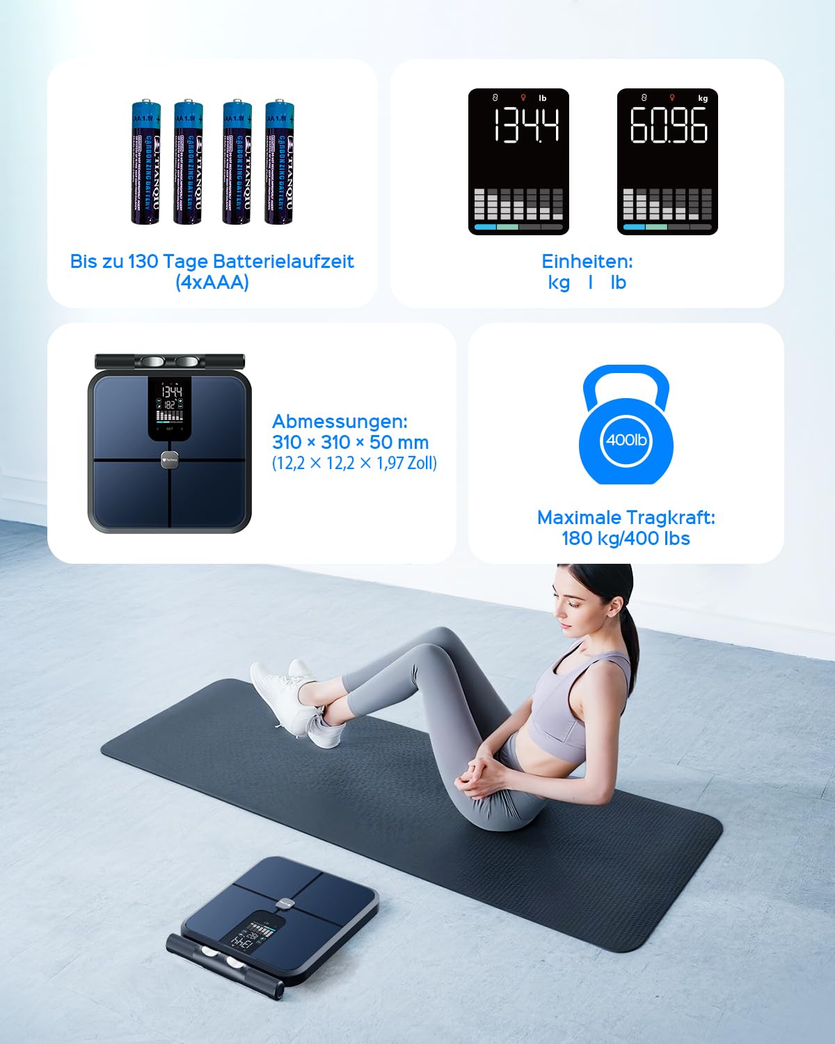 Körperfettwaage mit Handsensoren, digitale Personenwaage mit Körperfettanalyse, intelligente Waage mit 8 Elektroden für Körperfett und Muskelmasse, BMI, und 28 Körpermaßen, 180 kg – Bild 7