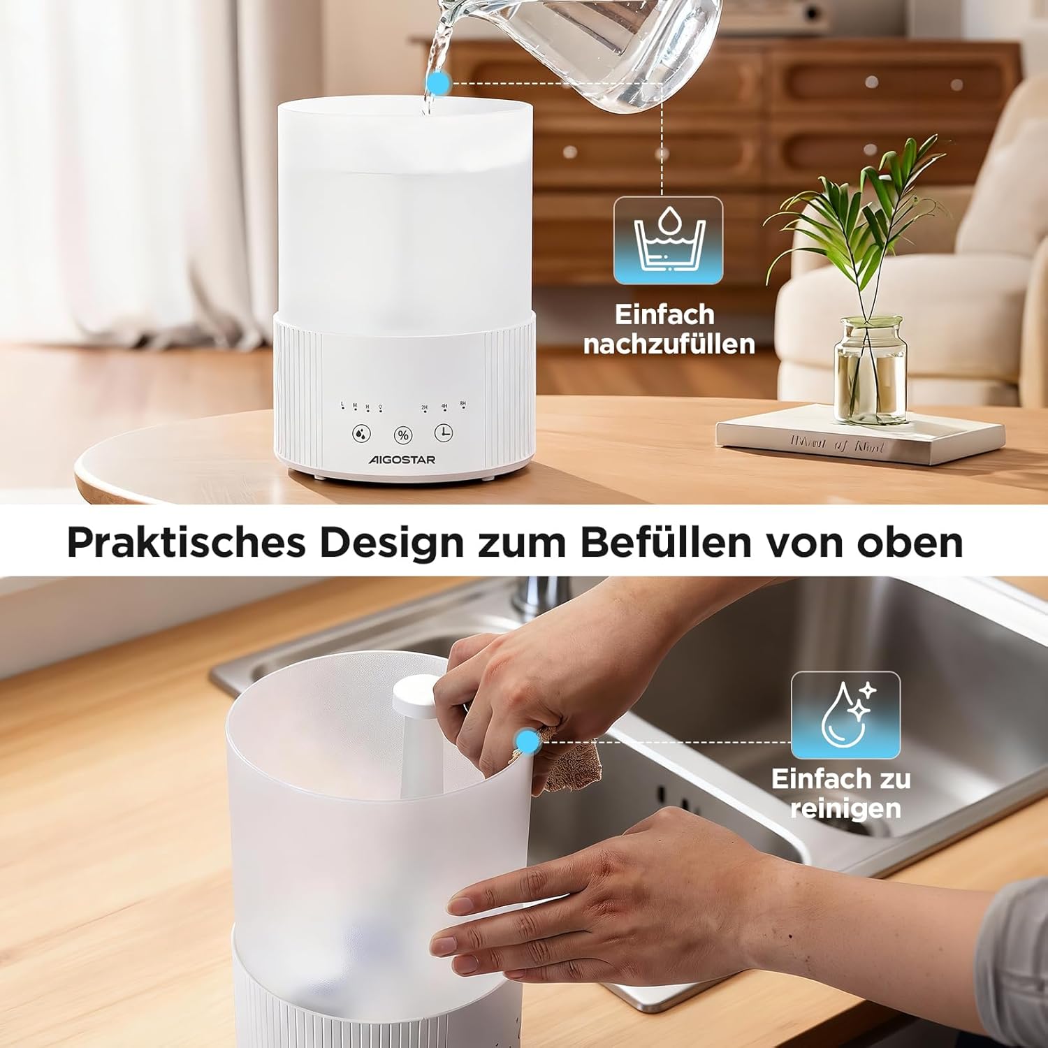 Aigostar Schlafzimmer-Luftbefeuchter mit Hygrometer – 2,5 l Ultraschall-Raumbefeuchter, 28 dB leise, Aromadiffusor für ätherische Öle, 3 Nebelstufen und Timer – für Baby, Pflanzen und Büro – Bild 8