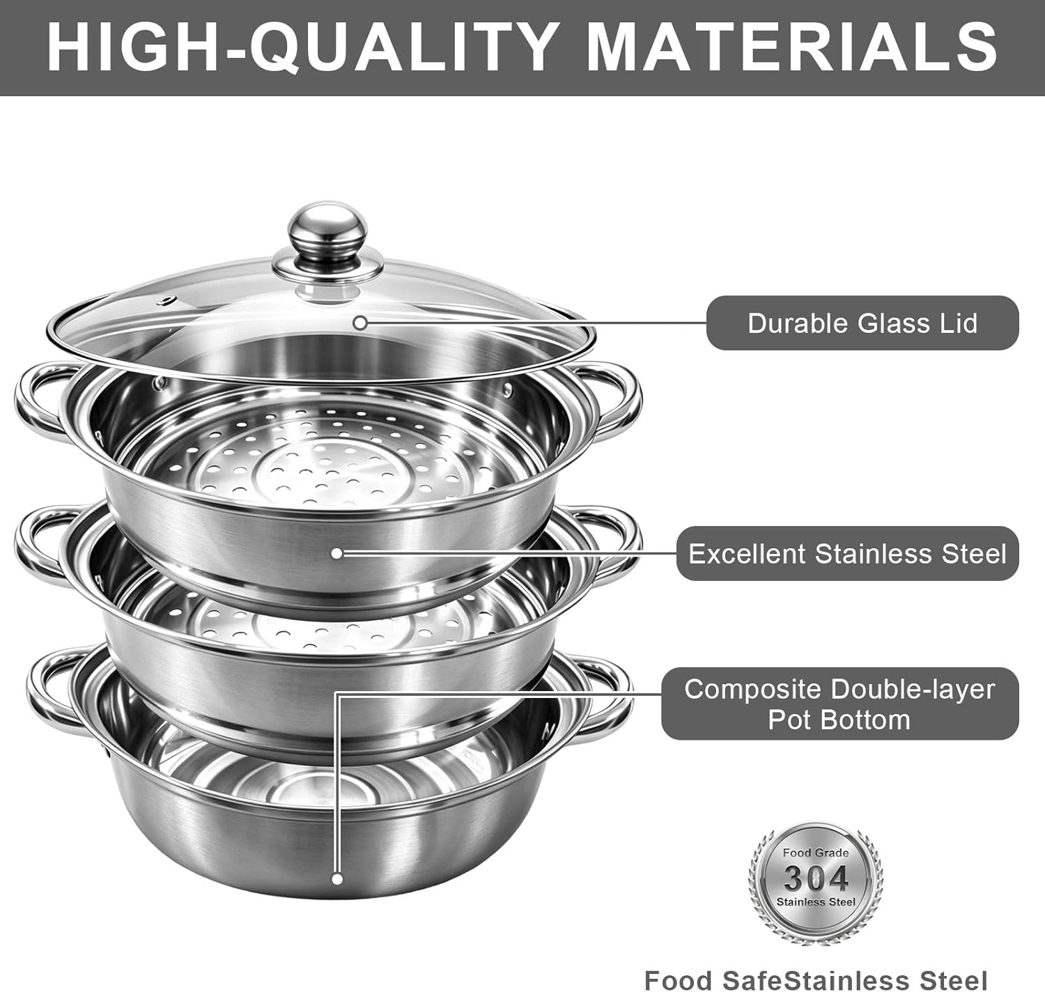 Dampfgarer 28 cm Edelstahl 3 Etagen - Dampftopf Induktion Geeignet - Dampfgarer Topf mit Dämpfeeinsatz - Großer Steamer Pot für Gemüse, Fisch & Mantowarka - Stapelbar – Bild 3