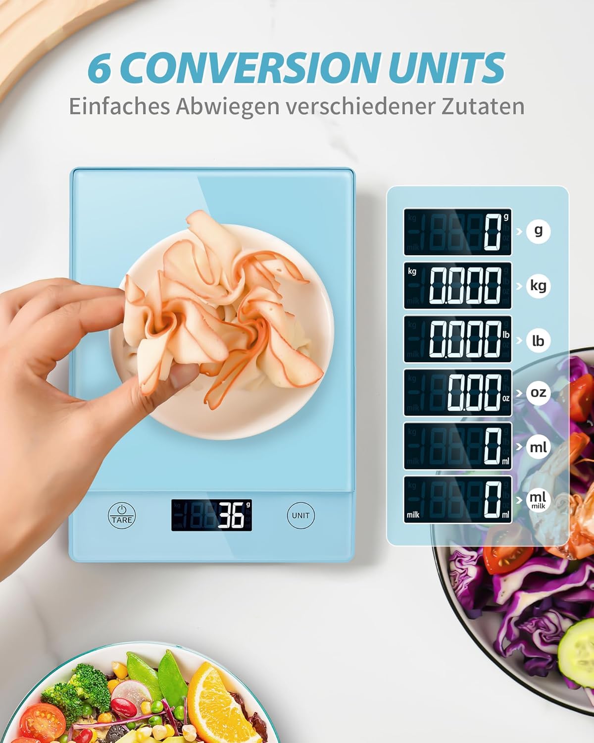 Digitale Küchenwaage, 10 kg, Glas, elektronische Haushaltswaage zum Backen, Tara-Funktion, Touch-Taste, 1 g Genauigkeit, blau – Bild 2