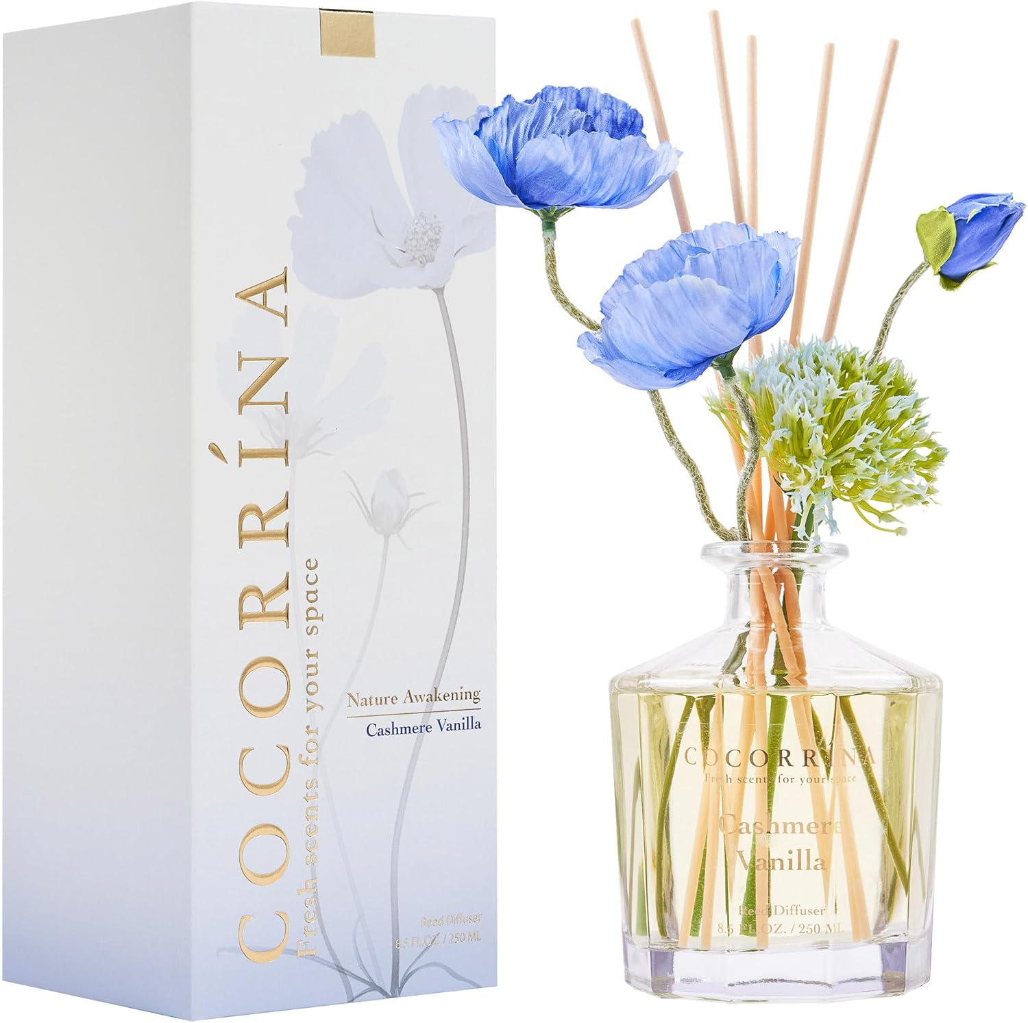 Cocorrína Blumen-Raumduft mit 8 Duftstäbchen, 250 ml, Kaschmir-Vanille, natürlich, langlebig, Schilfrohr-Diffusor für Zuhause, Schlafzimmer, Büro, Badezimmer, Regaldekoration (Master Collection) – Bild 2