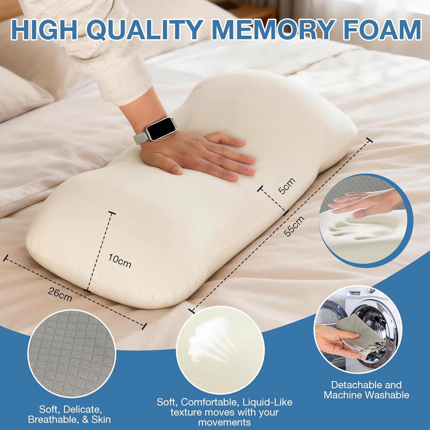Cozary Orthopädisches Lendenkissen, 55 x 25 x 8 cm, ergonomischer Rücken mit Memory-Schaum, Rückenkissen zum Schlafen, Linderung von Schmerzen im unteren Rücken, Sofa, Bürostuhl, waschbarer Bezug, grau – Bild 5