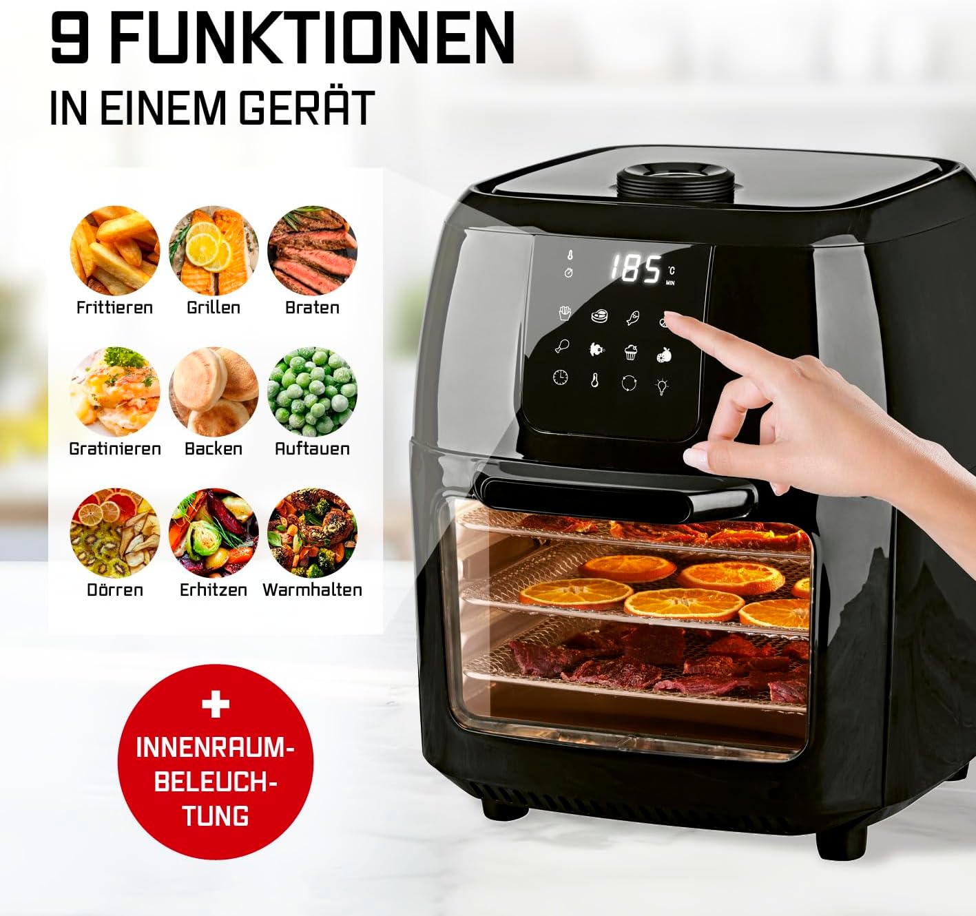 GOURMETmaxx Digitale XXL Heißluftfritteuse, 9 Liter | Frittieren ohne Fett, Fritteuse, Backofen und Drehgrill in einem | Inklusive Drehspieß für Hähnchen- und Kebabspieße (1.800 Watt/Schwarz) – Bild 6